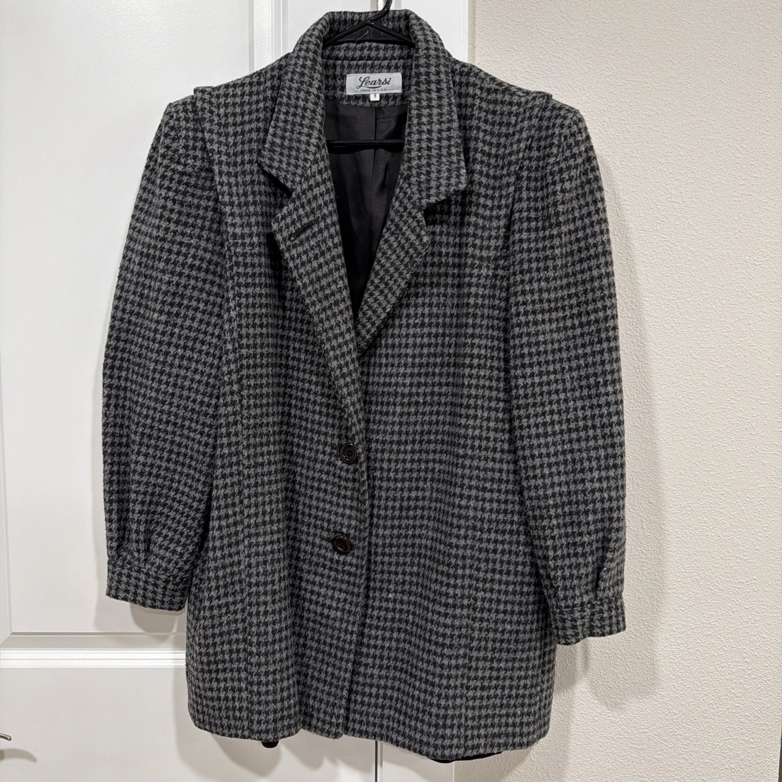 VTG Learsi Wool Houndstooth Blazer Jacket Gray Black Oversized 80s 90s Size 9