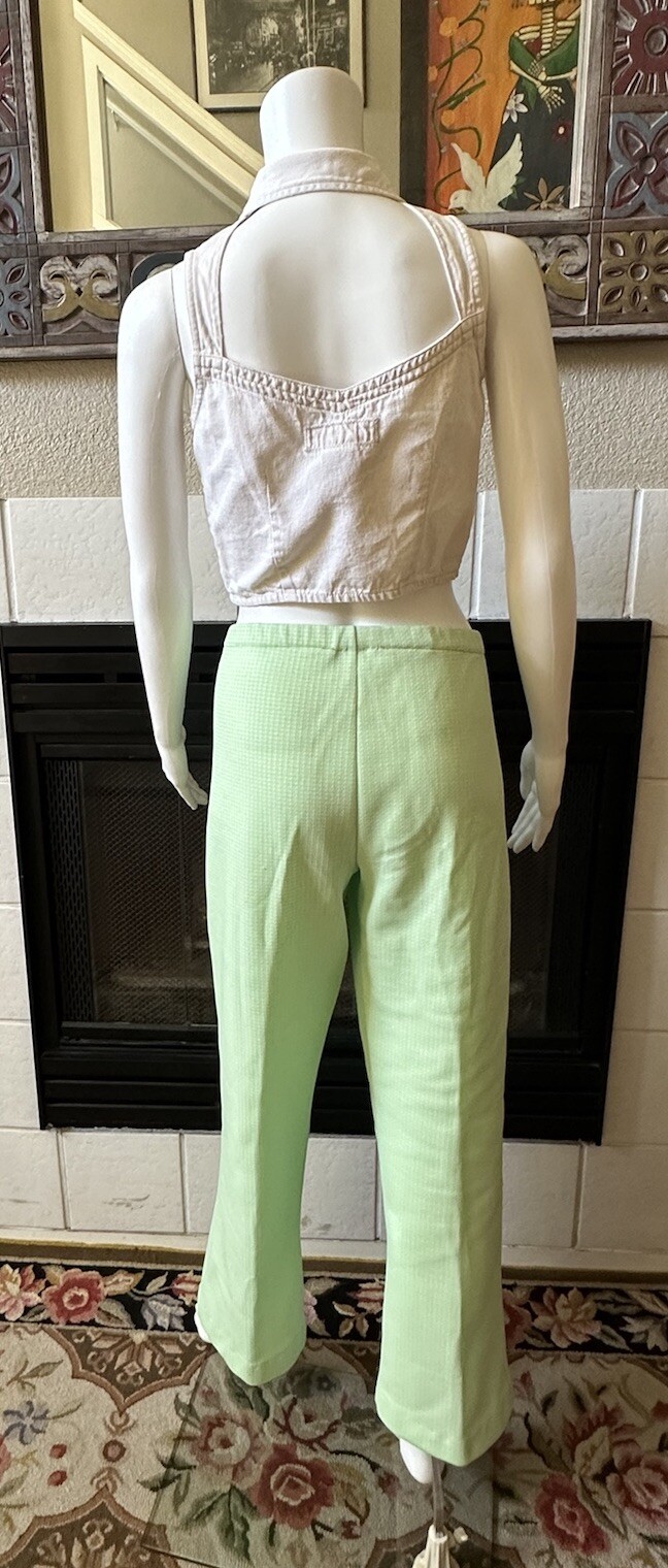 Green Plaid Polyester Pants 31×28 Lightweight Elastic Waist Vtg 70’s