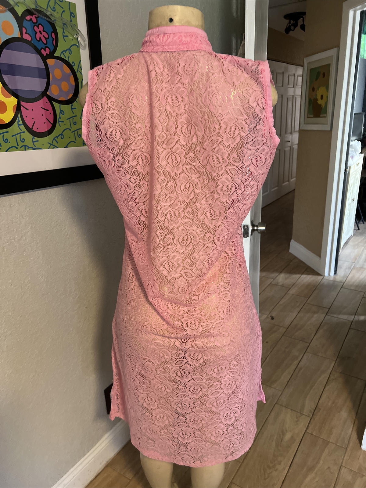 VTG Duster Cardigan Sheer Lace Rose Floral Peal Like Buttons Sz Small y2