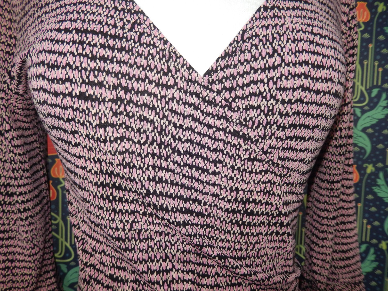 Vintage 90’s Y2K Black Pink Faux Wrap Flounce Ruffle Knit Dress XS