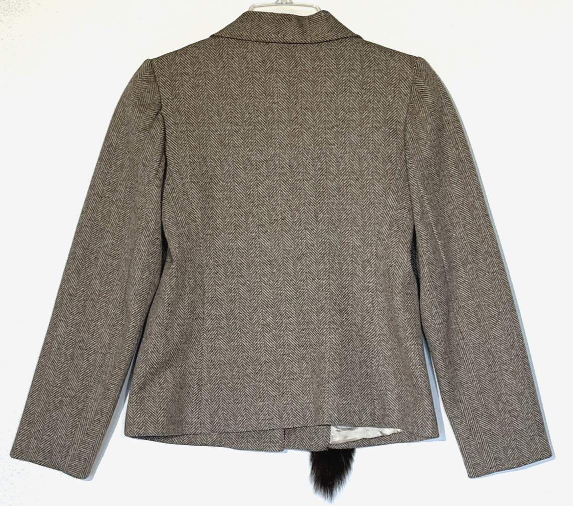 Vintage Claralura Original Herringbone Tweed Wool Real Fur Blazer Jacket Sz S