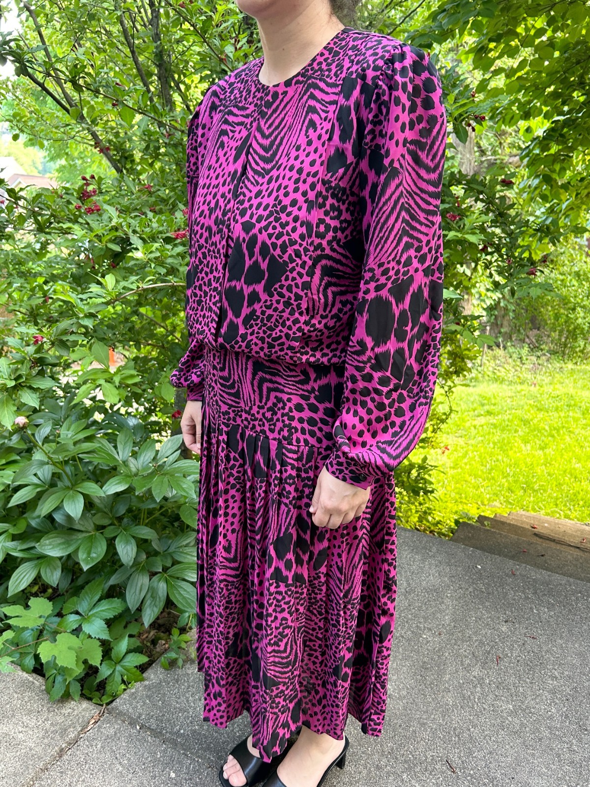 80s John Roberts Animal Print Dress Pink Black Vintage Long Sleeve Size M