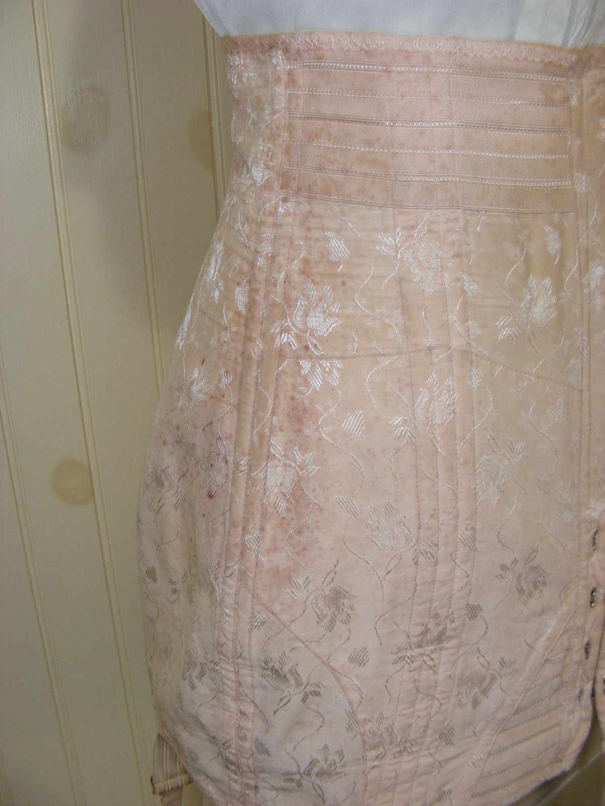 50s CHARMODE COMFORT CORSET PEACH DAMASK TIE FRONT COTTON RAYON VINTAGE CORSET L