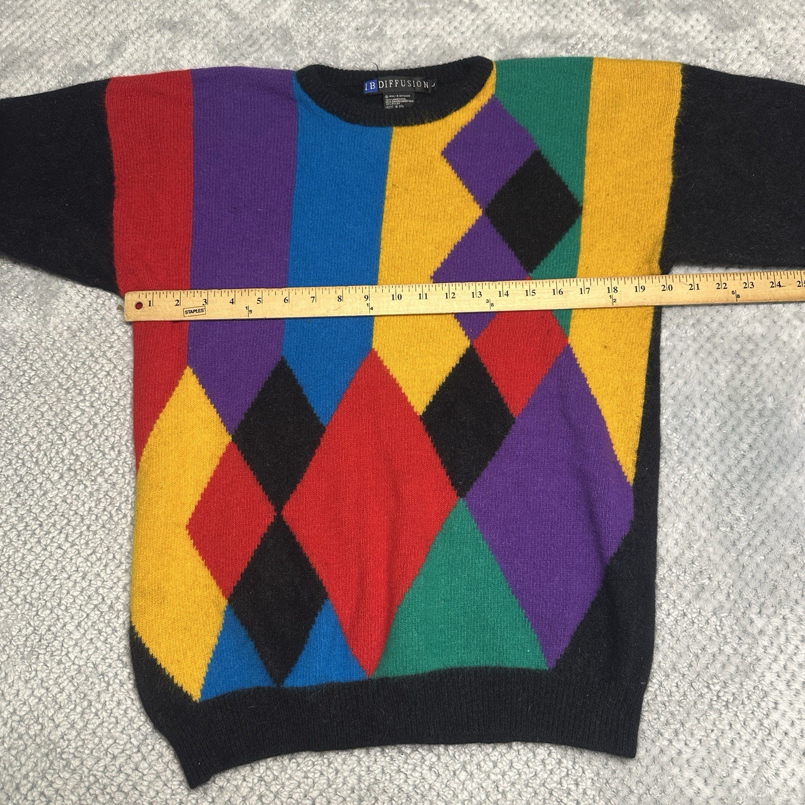Vintage 90s IB Diffusion Lambswool Angora Sweater L Knit Argyle Colorful 1992