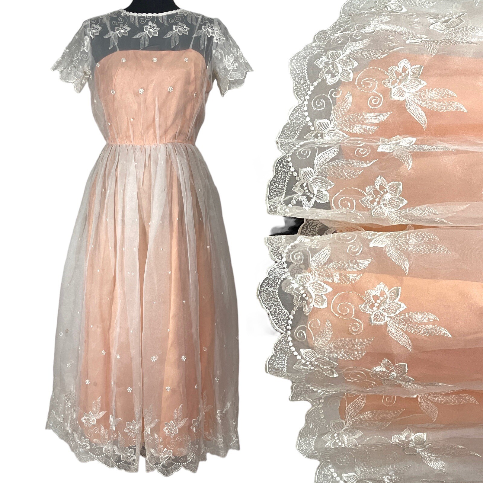 VTG 70s Party Tea Dress Women 5/6 Bridesmaid Chiffon Peach White Easter Prom