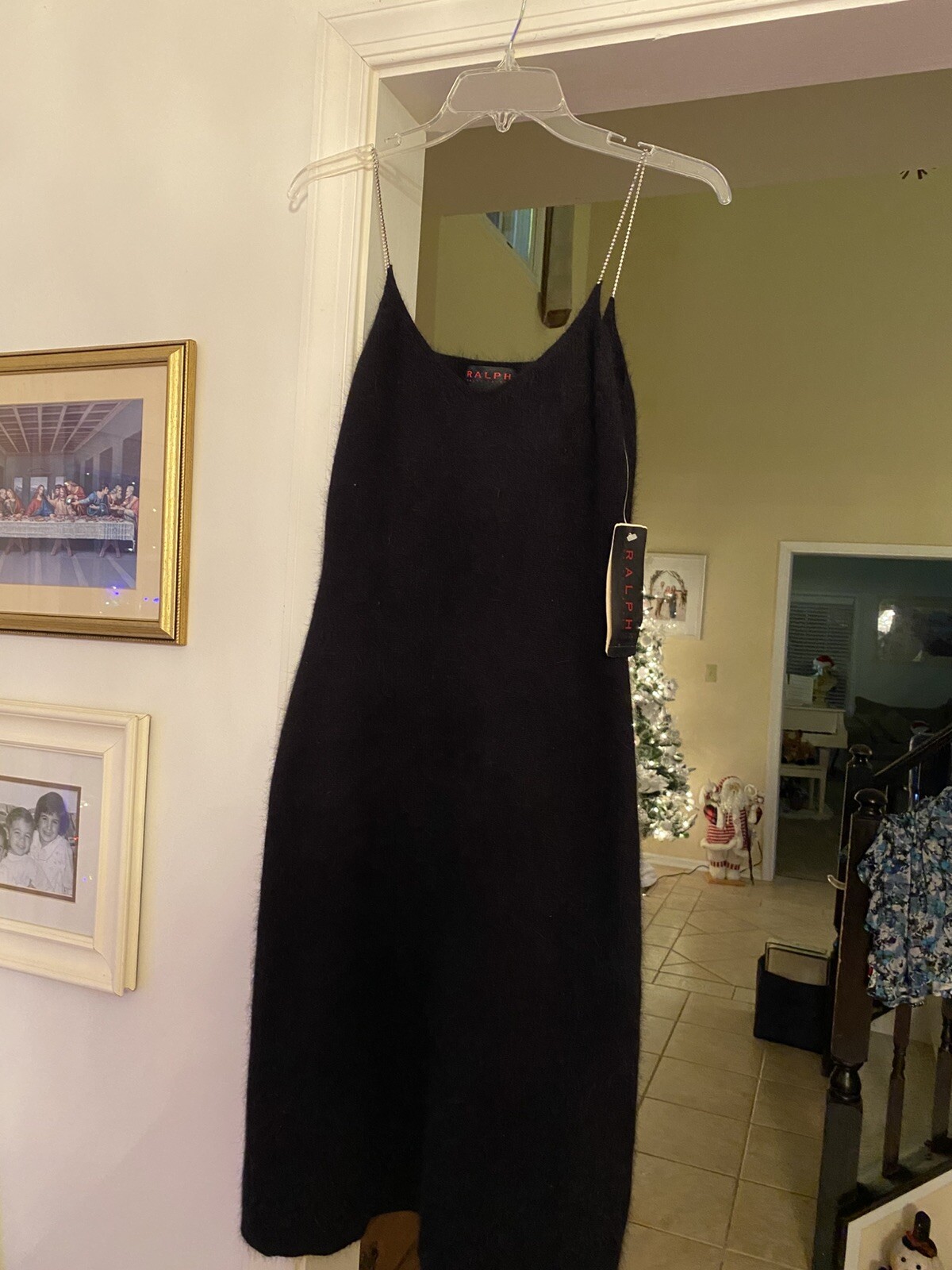Vintage Ralph Lauren Black Angora Dress W Rhinestone Straps. Sz M. New With Tags