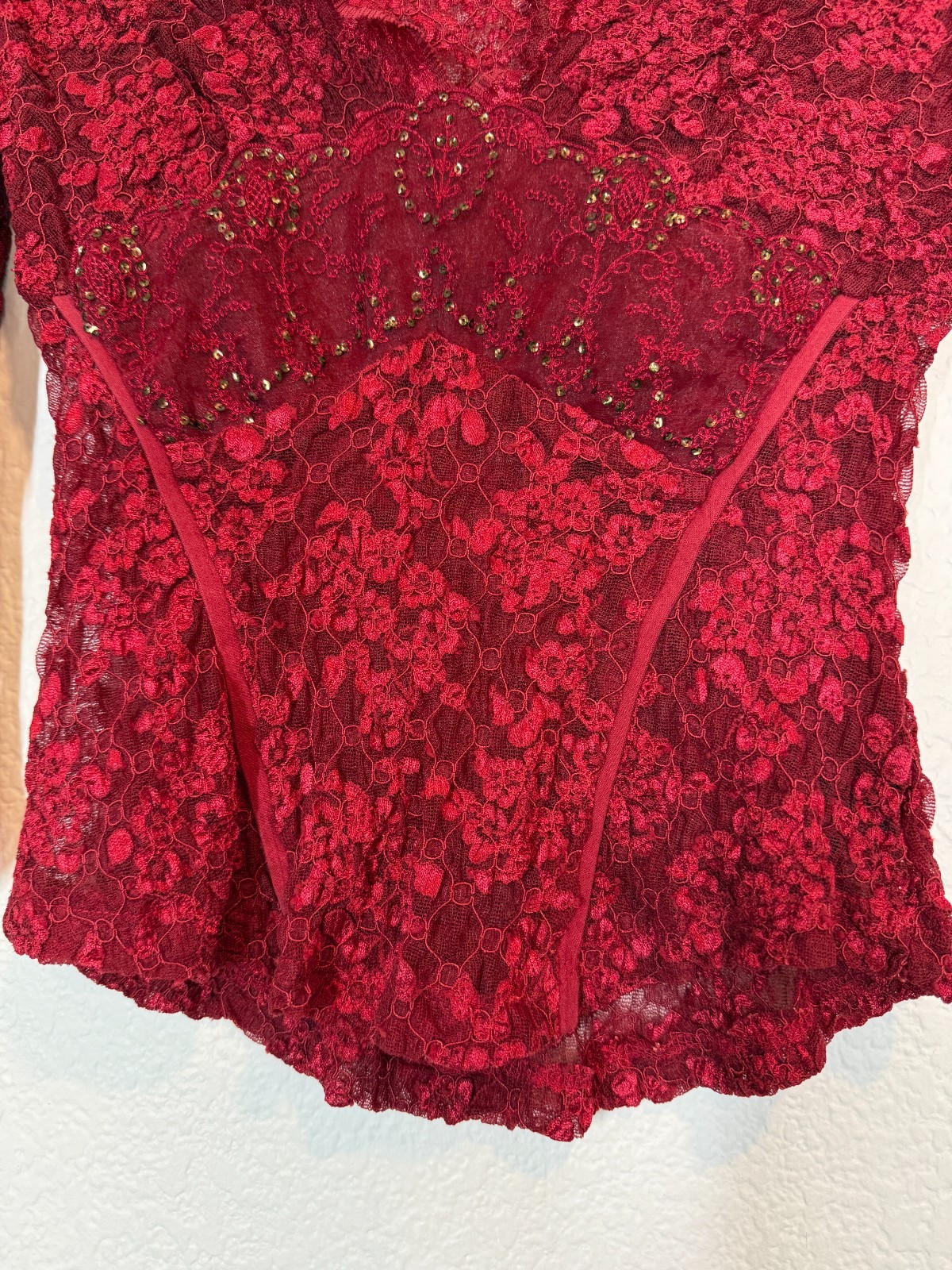 Vintage Ann Ferriday Red Corset Top Blouse Lace Beaded Rare Romantic Y2K Small