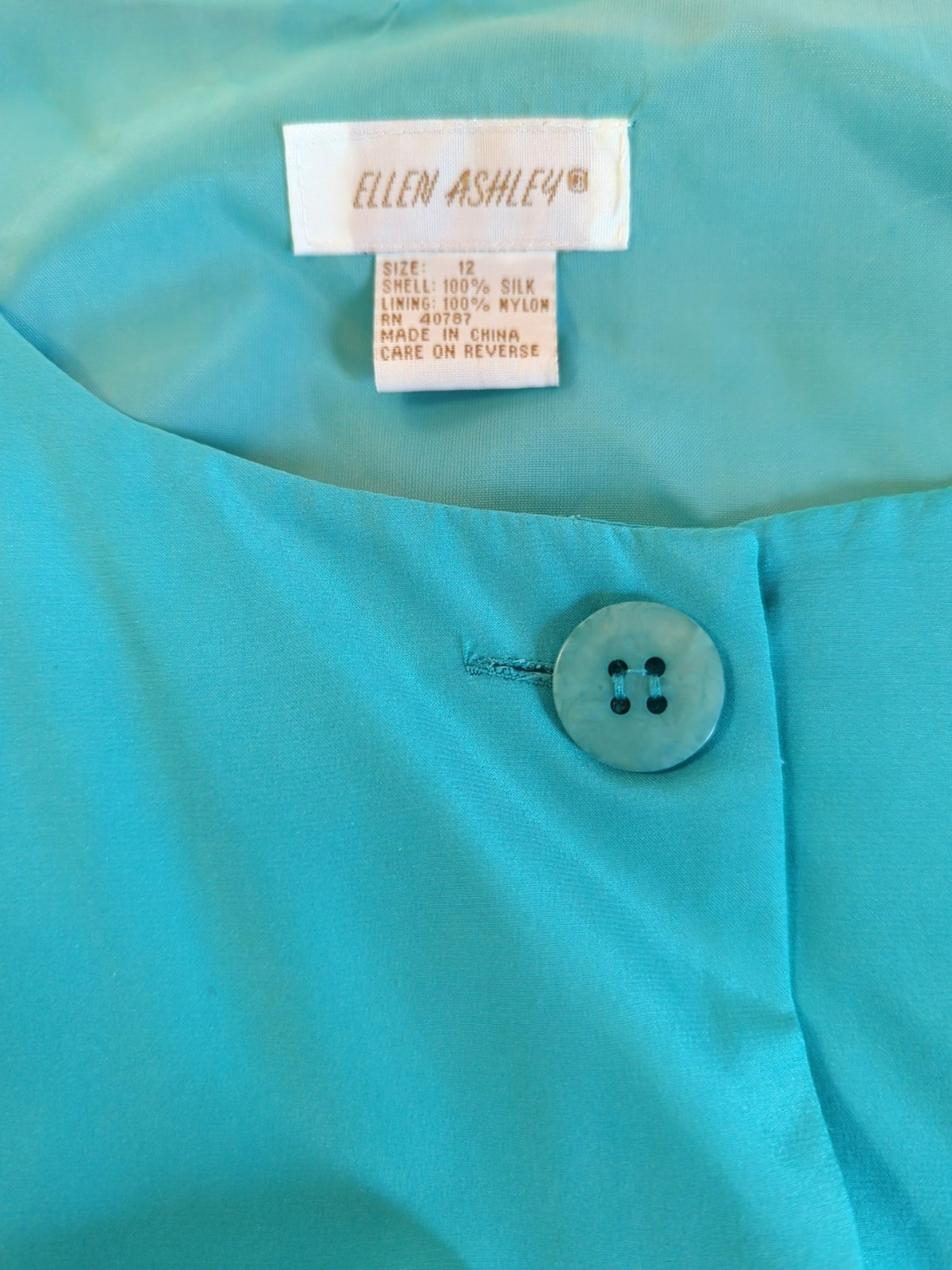 Vintage 80’s Silk Dress Size 12 Turquoise Lg Sleeve Button Up Wedding Guest Chic