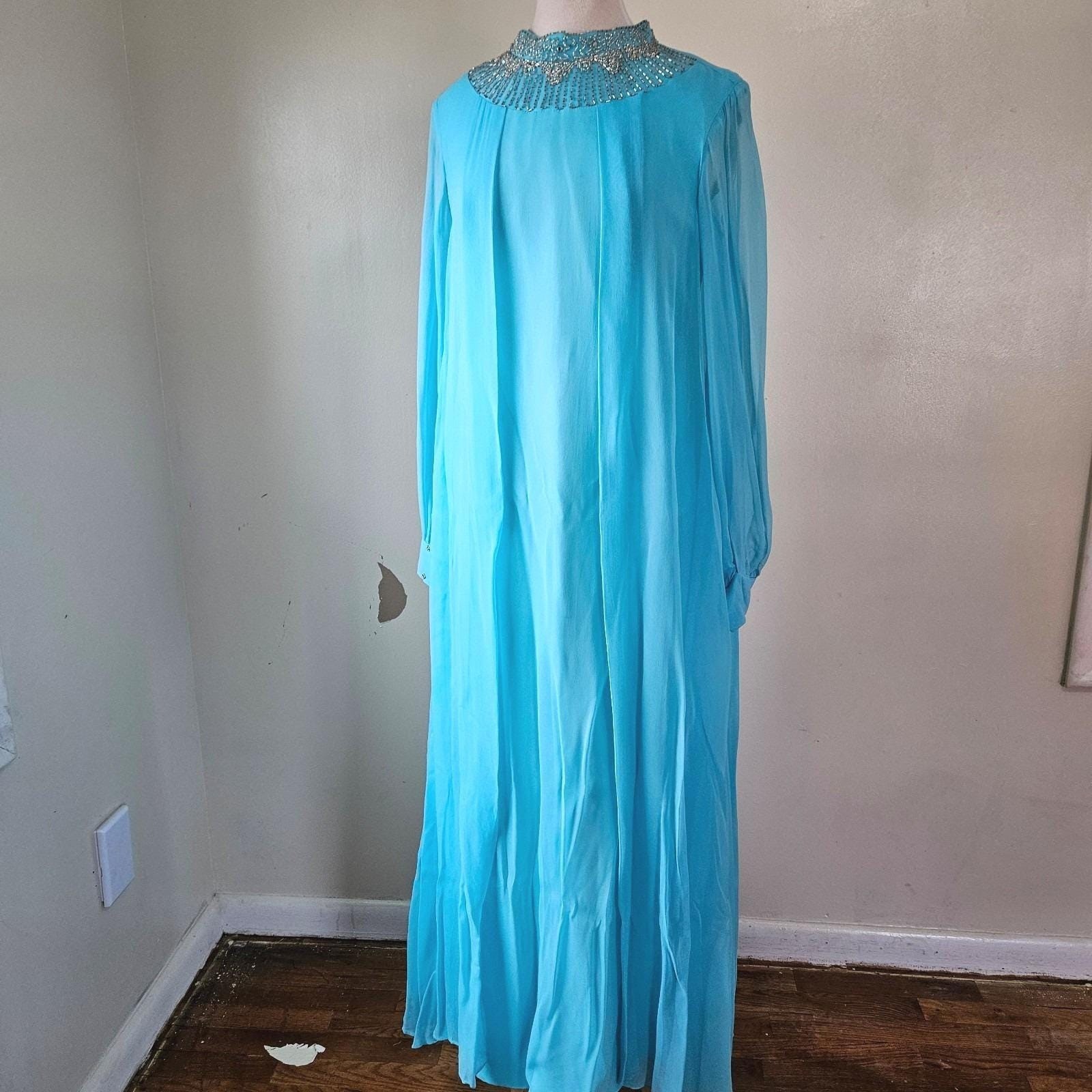 Vintage 70s Blue Disco Diva Stage Chiffon Sheer Overlay Maxi Dress Gown Beaded M