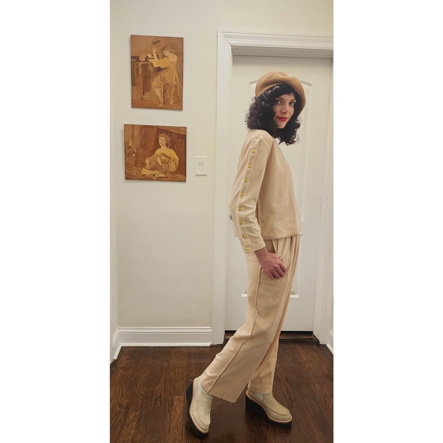 Vintage 1990s Sonia Rykiel Velour Track Suit Beige w/Gold Buttons