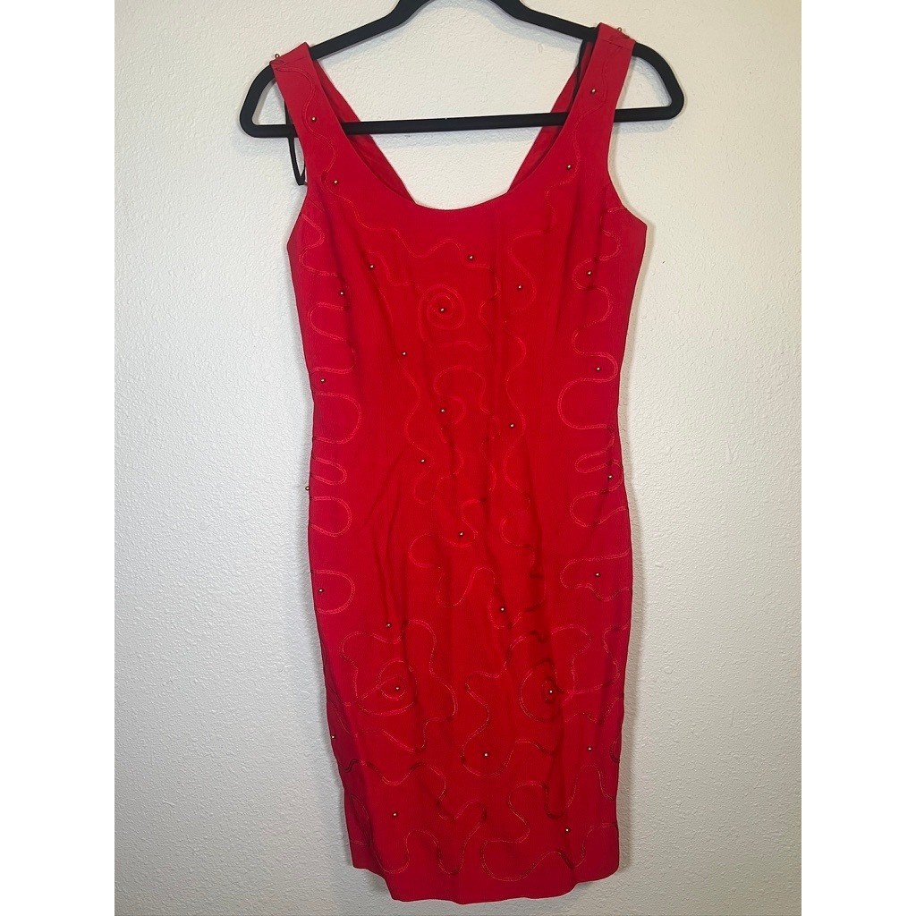 Donna Ricco Red Beaded Soutache Cocktail Dress 2P Red Vintage Sleeveless Lined