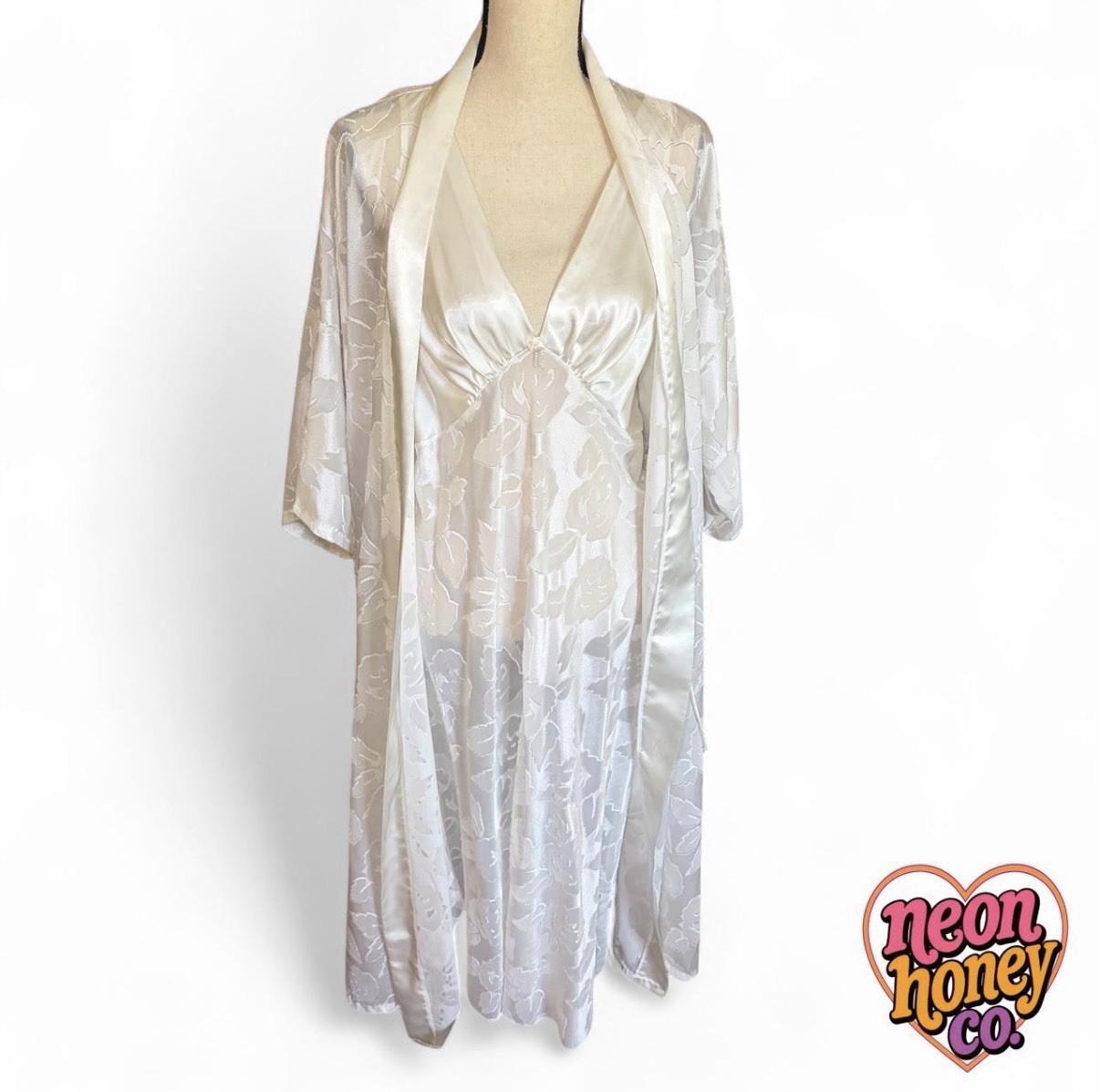 Vintage Lucie Ann II White/Ivory Floral Satin Lace Nightgown Robe Peignoir Set M
