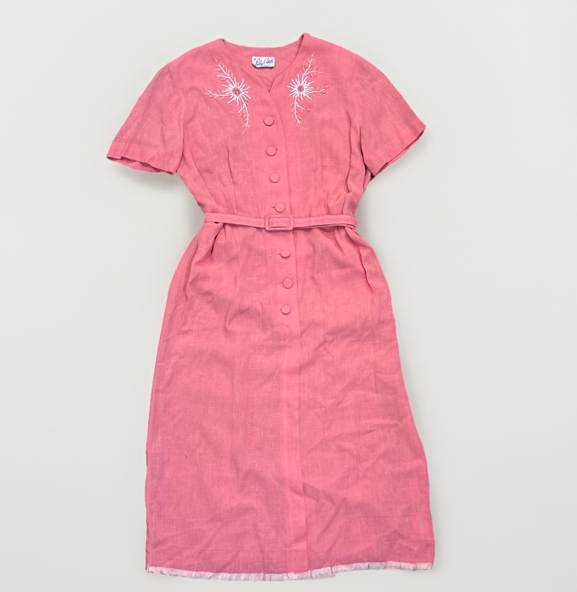 Vtg 1960s Pink Linen Rayon Dress Hand Beaded Embroidered Lady Petite 18 1/2