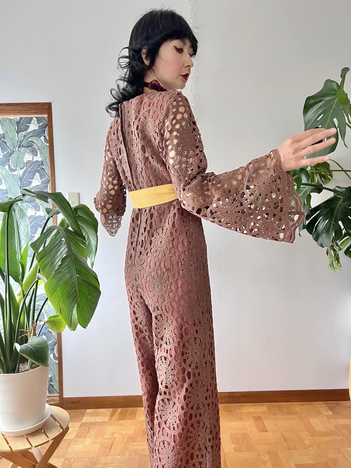 60s 70s Joy Stevens California Crochet Lace Bell Sleeve Flared Wide Leg Jumpsuit