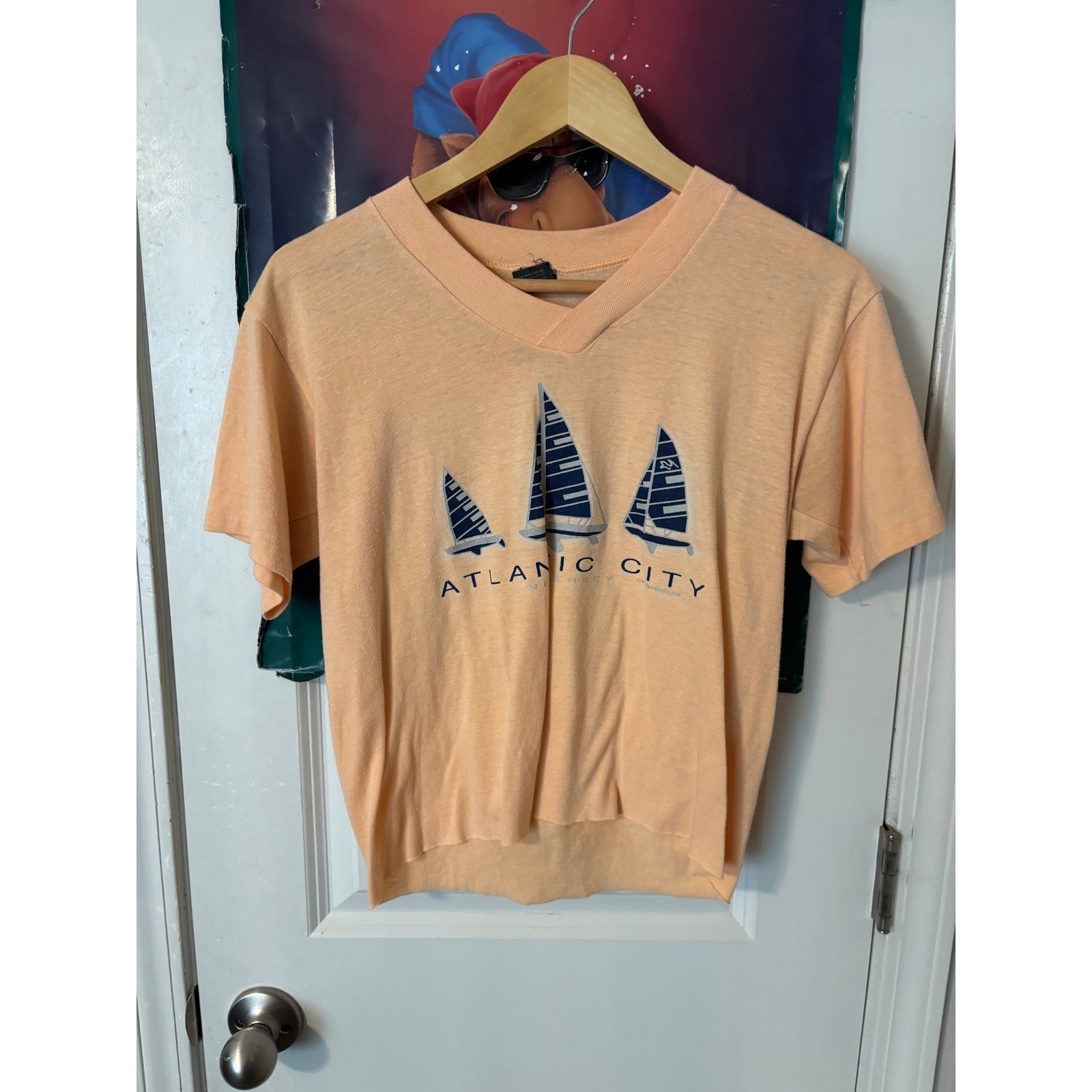 Vintage Atlantic City NJ Sailboat Graphic V-Neck T-Shirt Orange Women Small