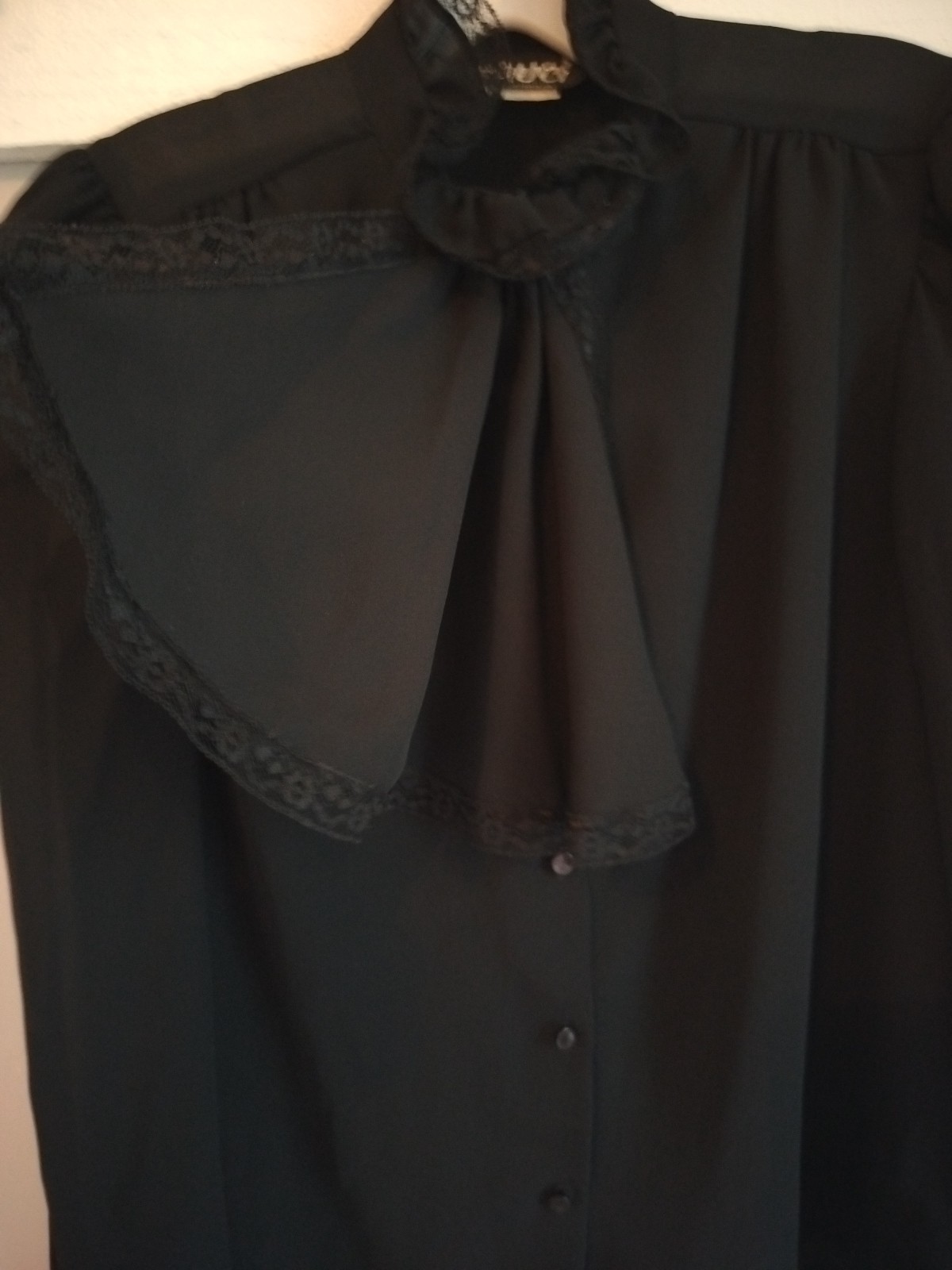 VTG Sauci Black Sheer Blouse High Neck Lace Trim Victorian Prairie Blouse Top M