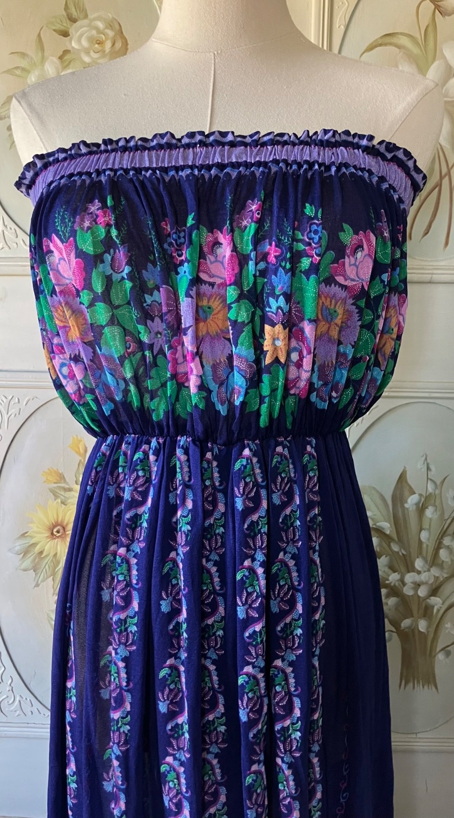 VTG 70s GOTTEX NEIMAN MARCUS DRESS SLEEVELESS TRIACETATE HAWAII PURPLE FLORAL M