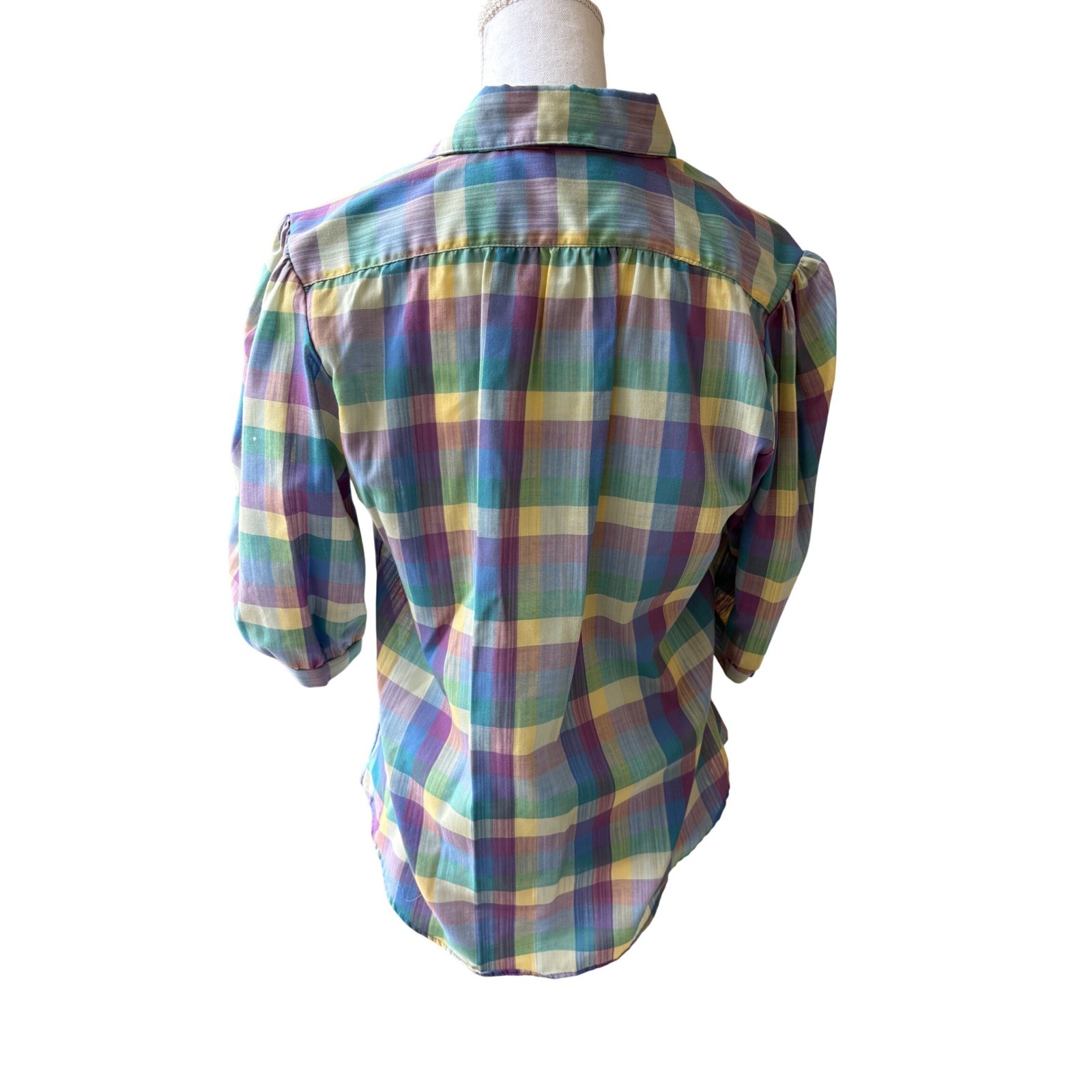 Cheryl Tiegs Rainbow Plaid Puff Sleeve Button Down Shirt Womens M Vintage 80s