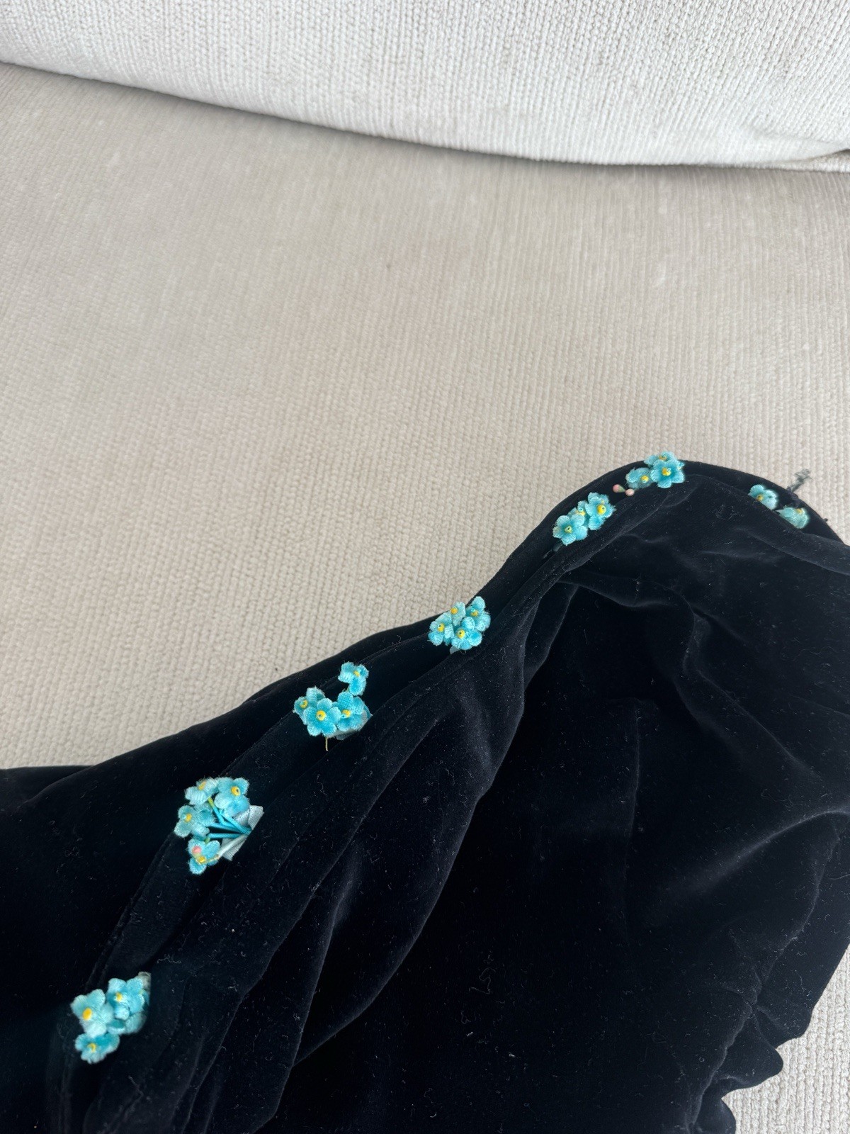 Vintage 40s/50s Black Dress Formal Maxi Strapless Velvet Floral Gown Prom
