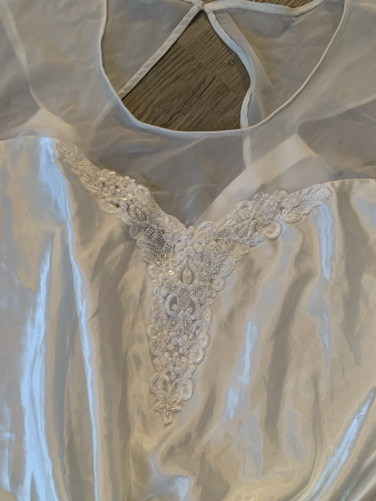 Vtg GLOSSY White Satin Woman’s Plus Size Long Nightgown Lingerie Beaded 52” Bust