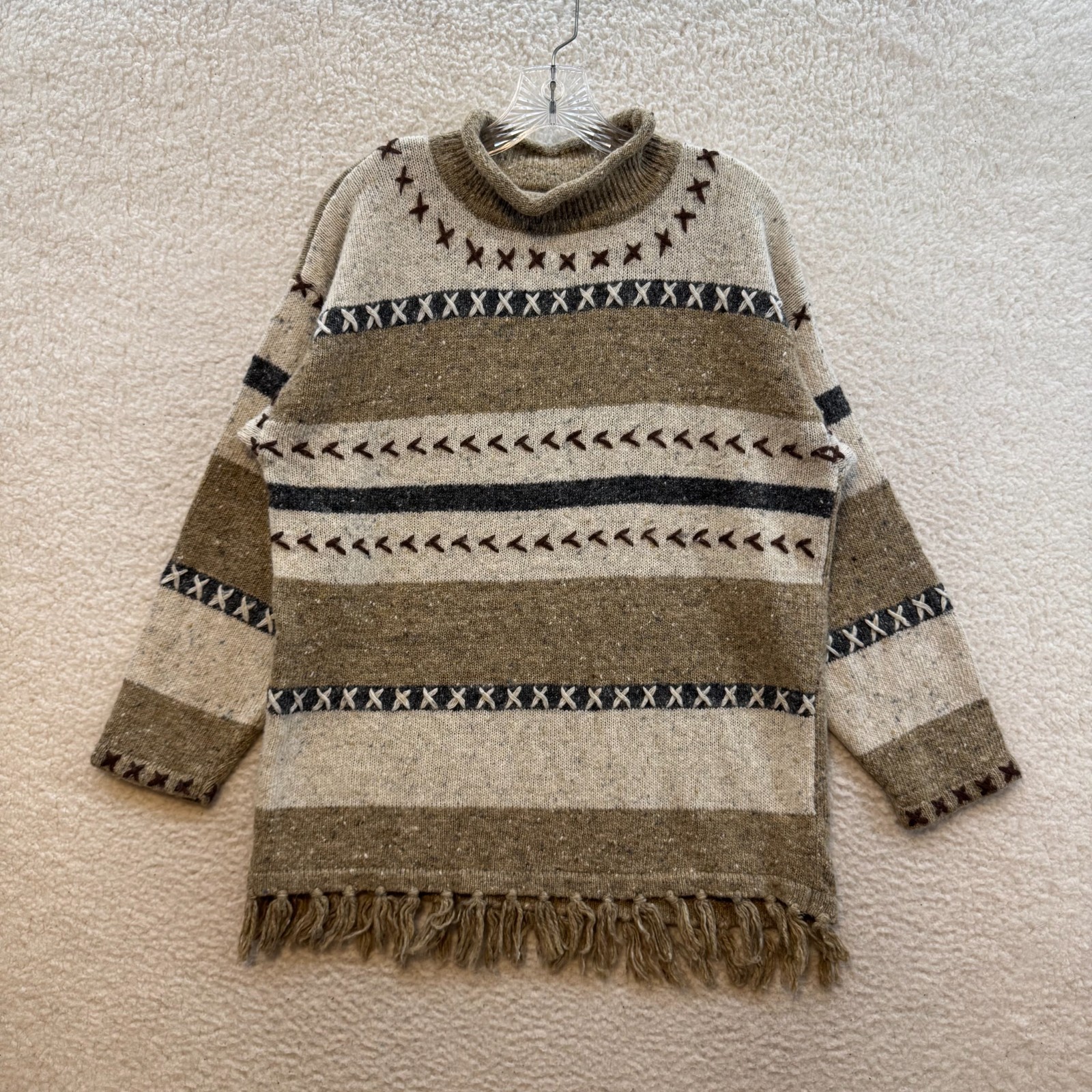 Vintage Sweater Petite Large Tan Turtleneck Rolled Mock Neck Fringe Southwestern