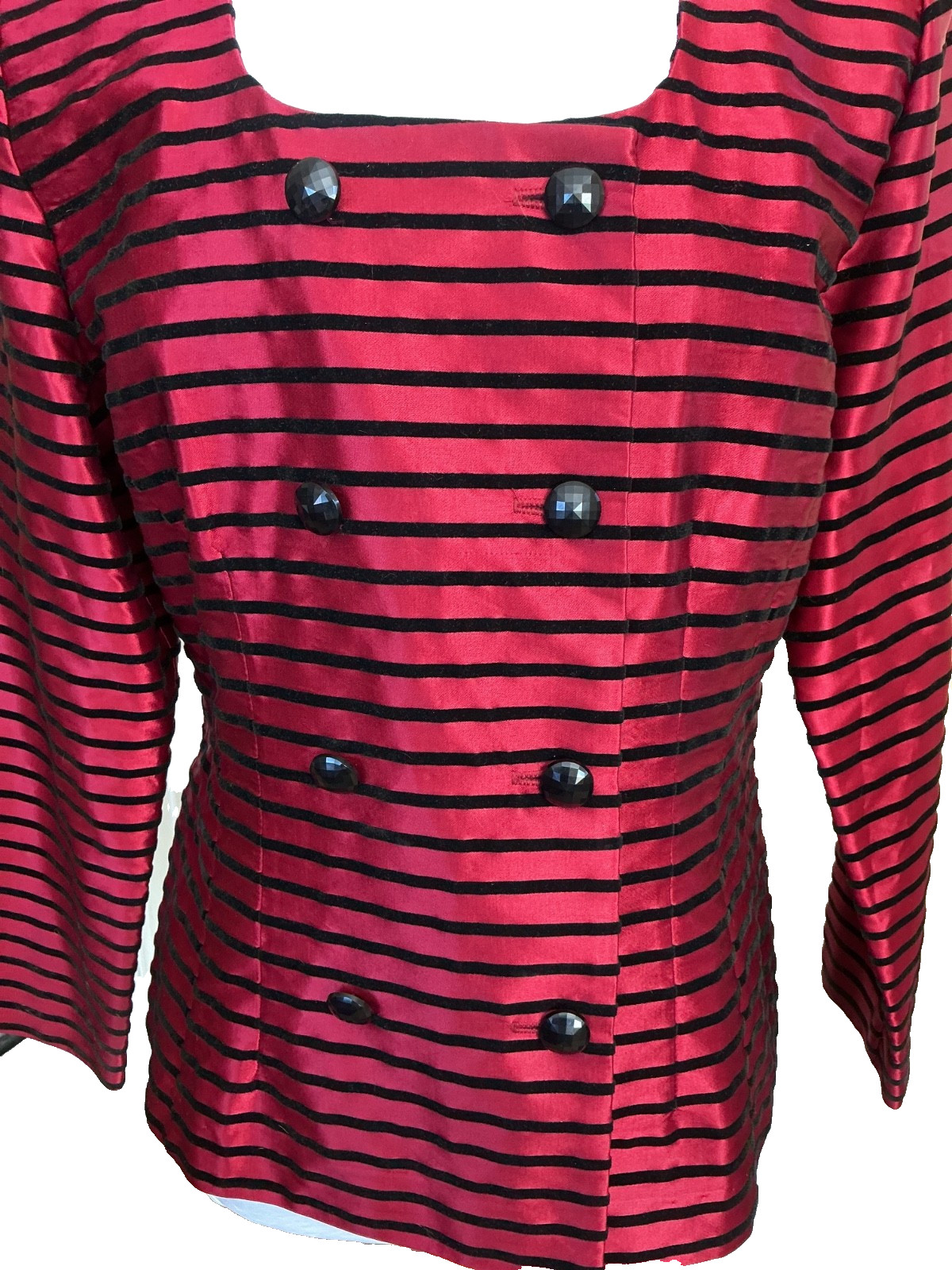 VINTAGE POSITIVE ATTITUDE RED SATIN BLACK VELVET STRIPED DOUBLE BREASTED JACKET