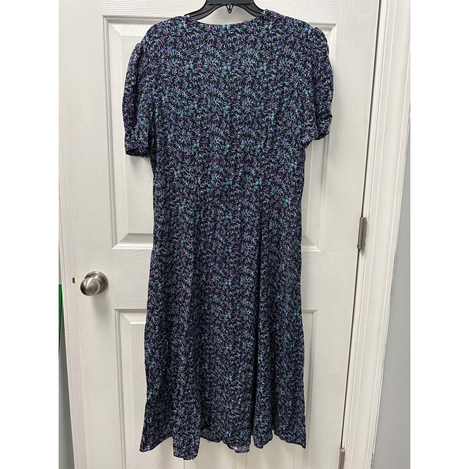 Caroline Wells Vintage Floral Button Front Midi Dress Purple Teal Rayon Size 14