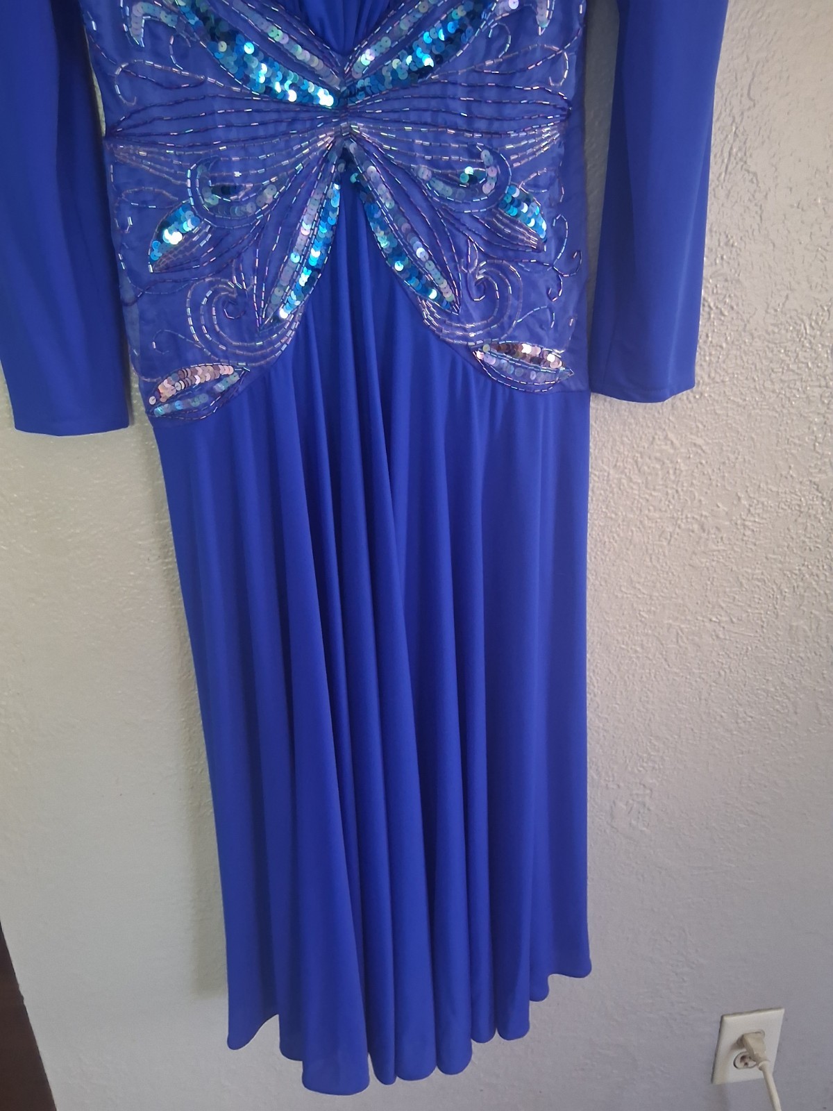 Casadei 1982 Blue Long Sleeve V Neck Beaded Waist Fit & Flair Midi Dress SZ 8