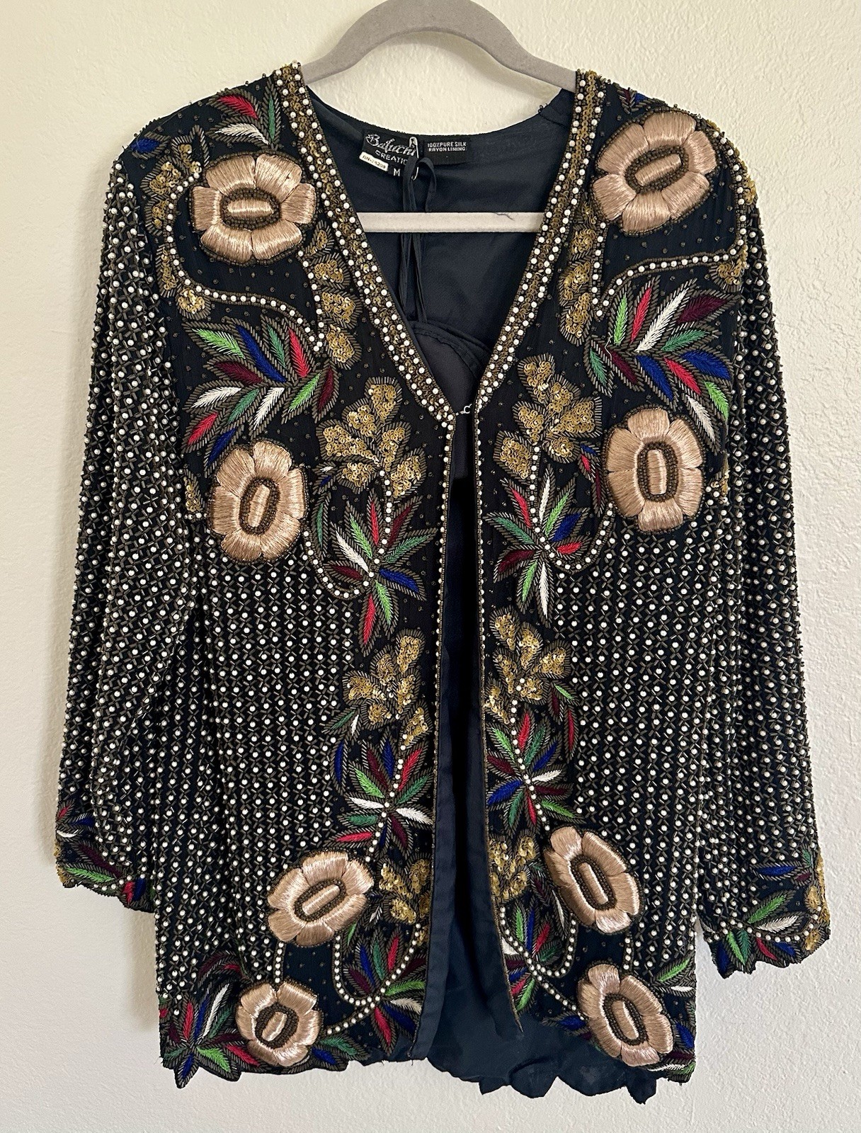 Vintage Baluchi Creations Silk Embroidered Floral Beaded Jacket Size M