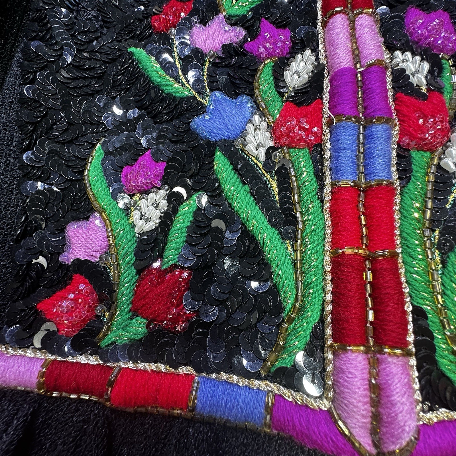 1980S PAT SANDLER FLORAL EMBROIDERED KNIT DRESS Vintage Black 4 Womens Sequin