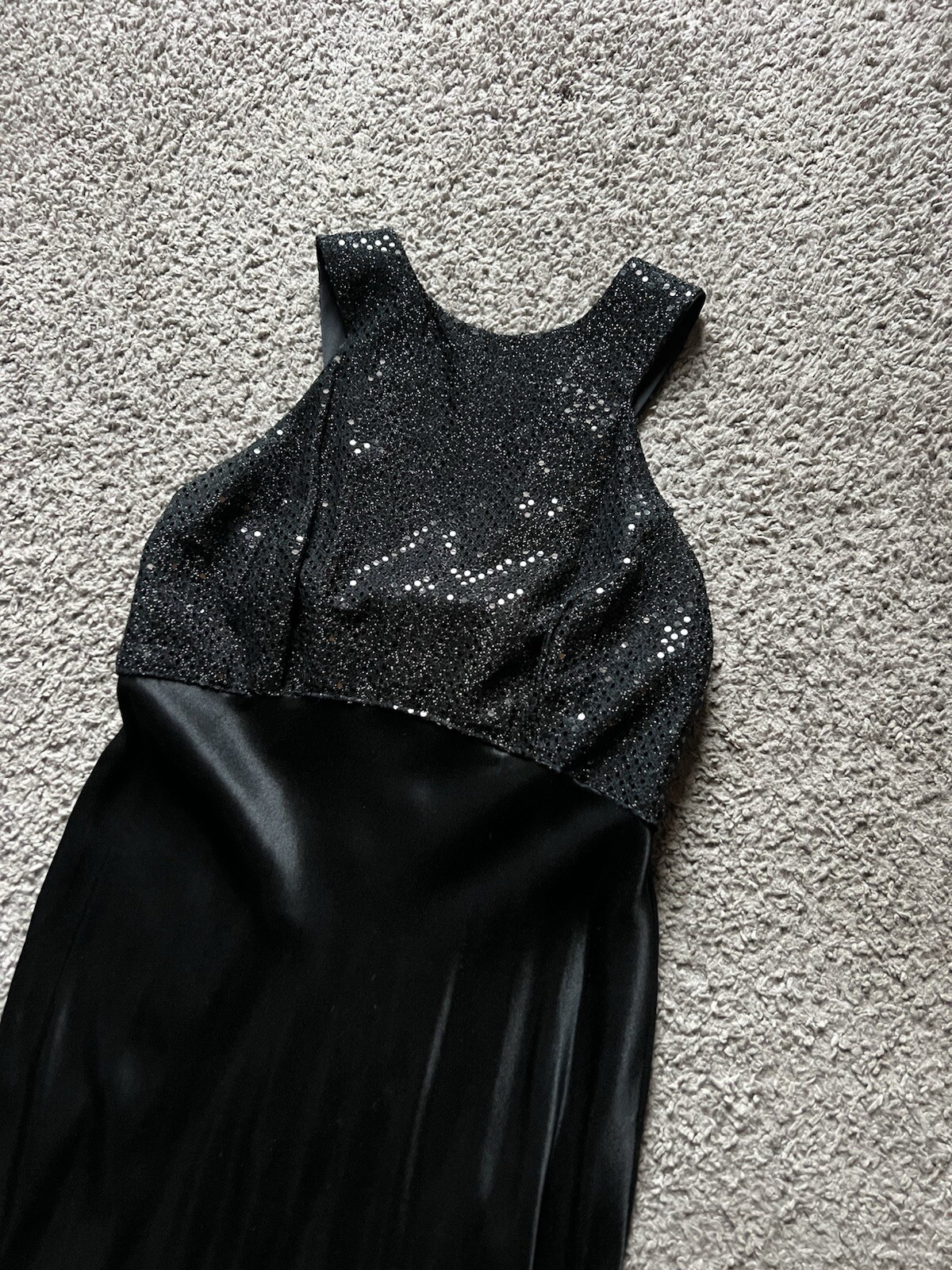 Vintage 90s Y2K Formal Dress Black Sequin Satin Maxi Full Length Made in USA