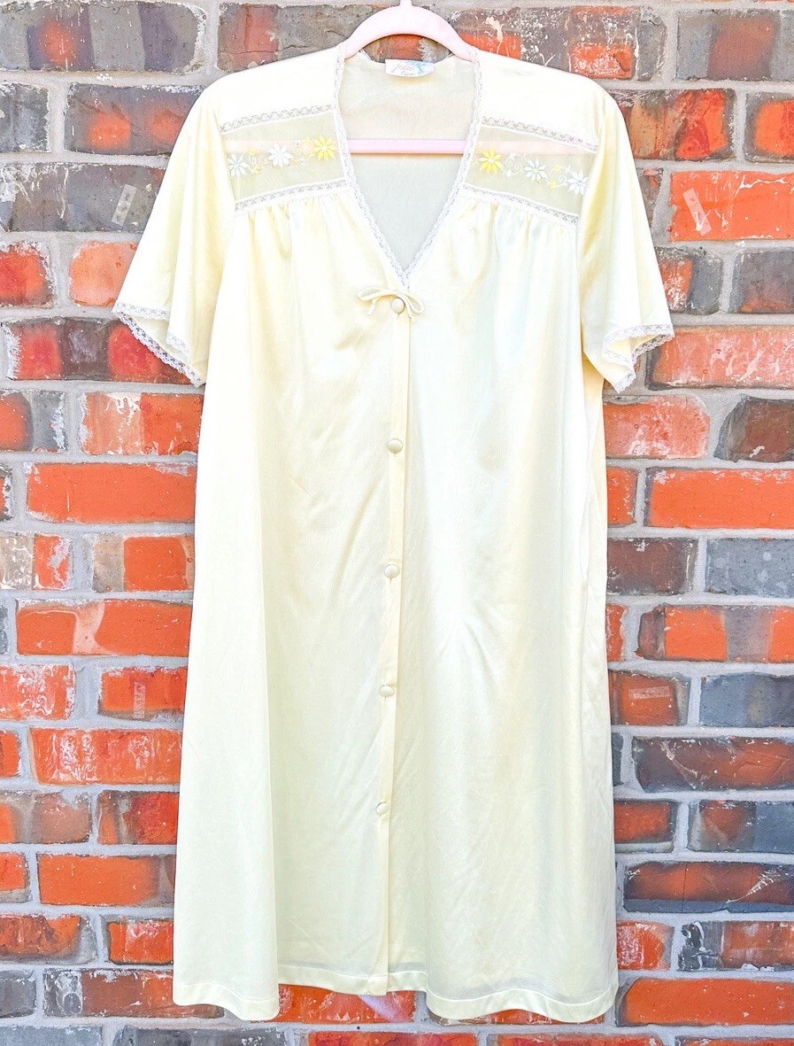 VTG Jolie Two Lingerie Yellow Floral Spring Embroidered Nightgown Pajamas PJs L