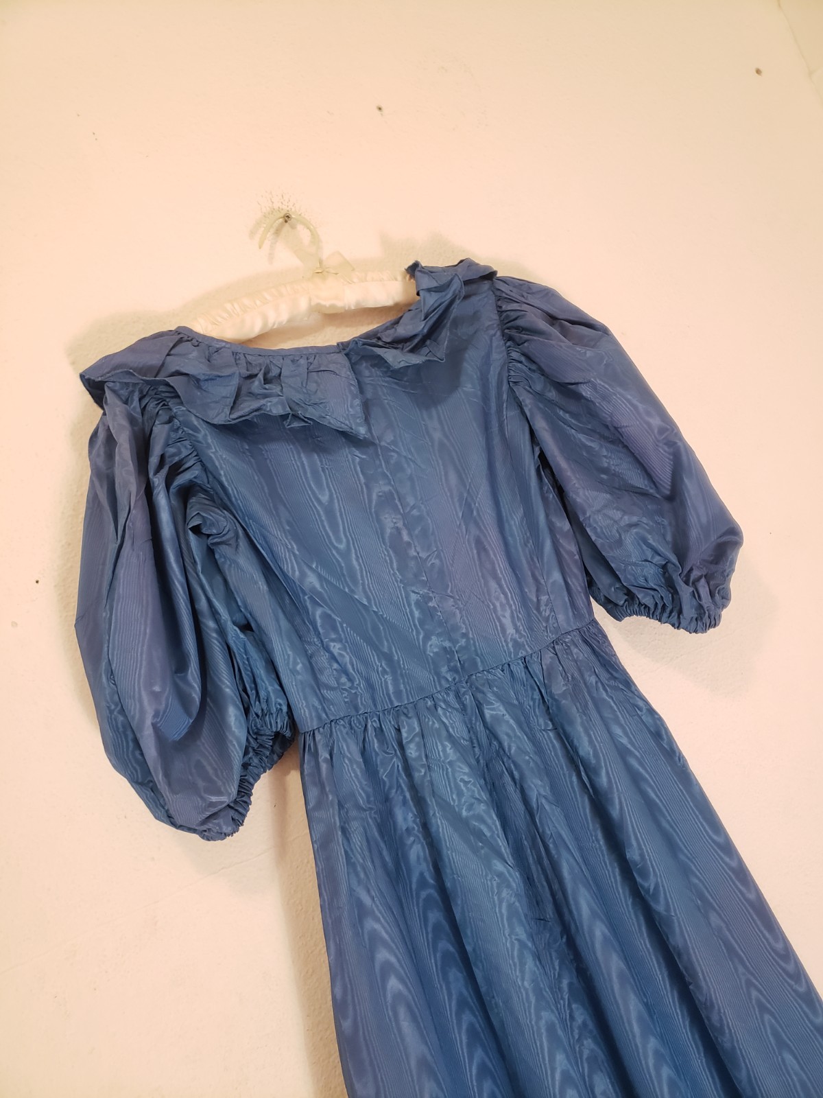 Vtg 70s Teal Gaberdine Puff Slv Maxi Dress Sz S M Handmade Gown