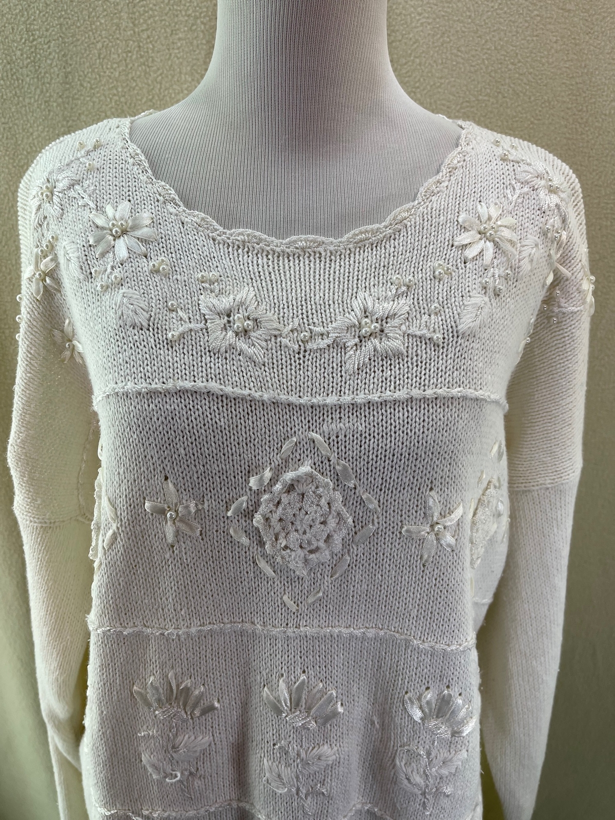 Bonnie and Bill Vintage Cream Scallop Edge Lace, Ribbon & Pearl Knit Sweater, 2X