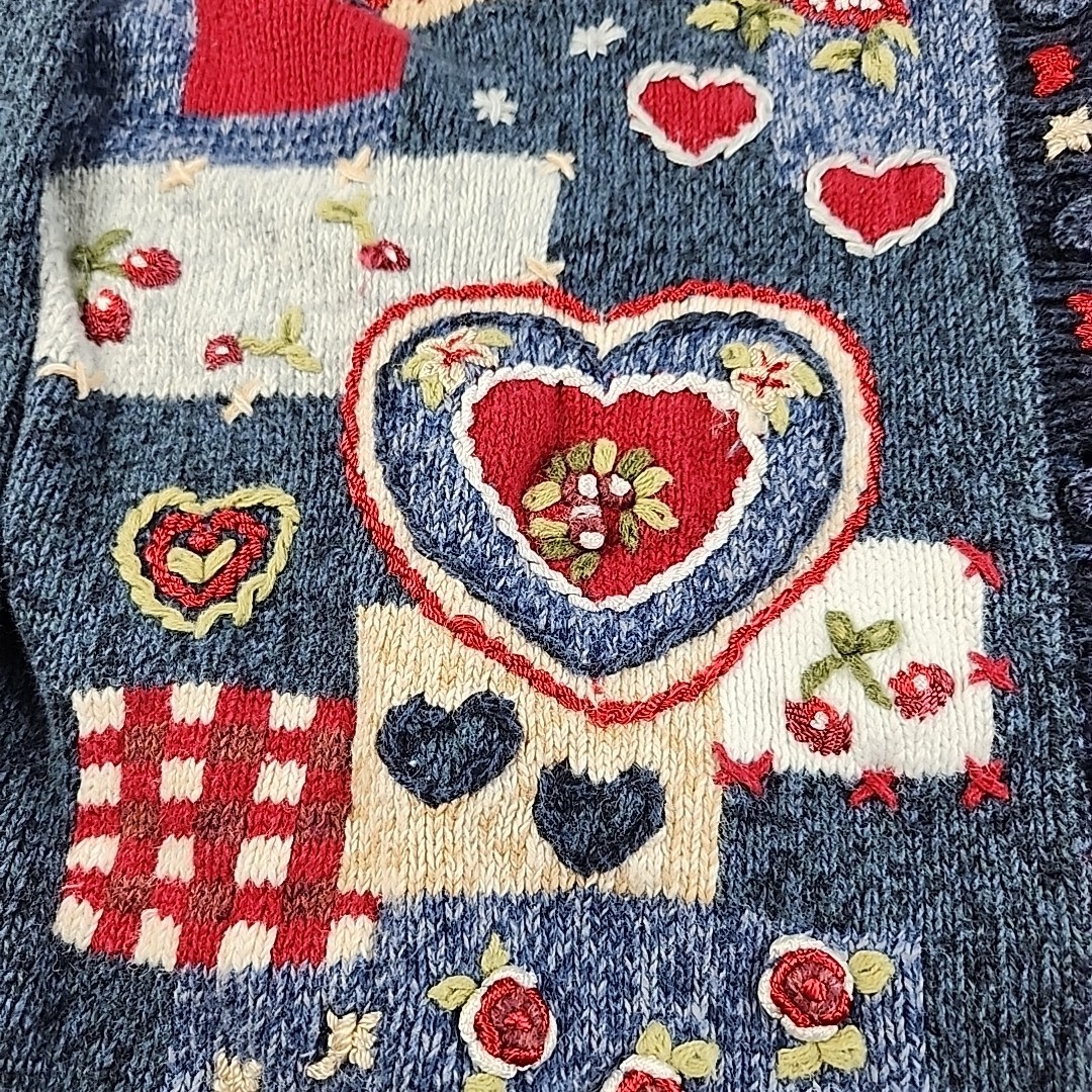 VTG 2003 Womens Blue Embroidered Design Knit Sweater Size L Flowers Hearts Bugs