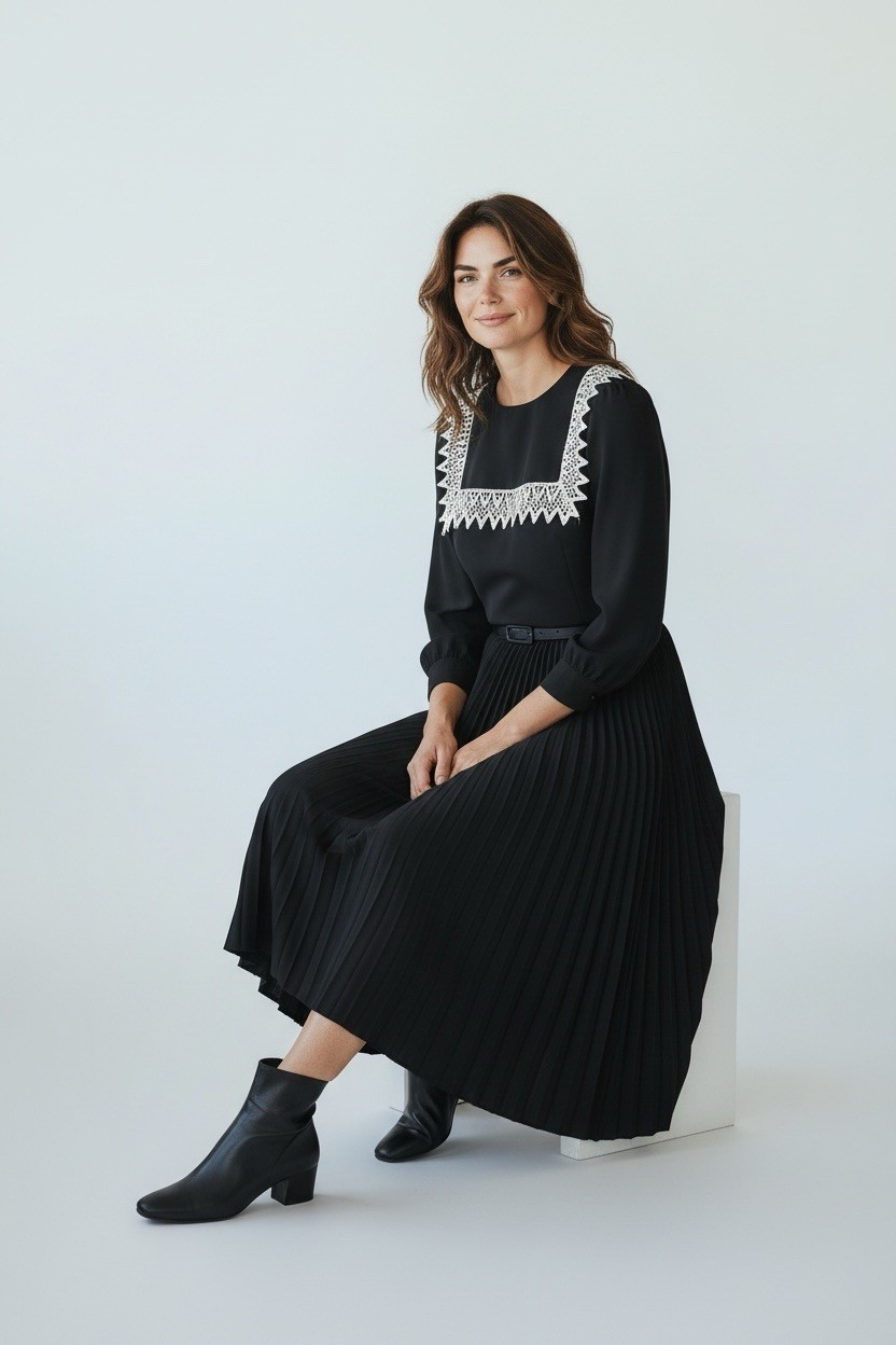 New Vintage 80s Black Lace Trim Bib Dress Earth Angel Pleated Skirt Belt USA 20W