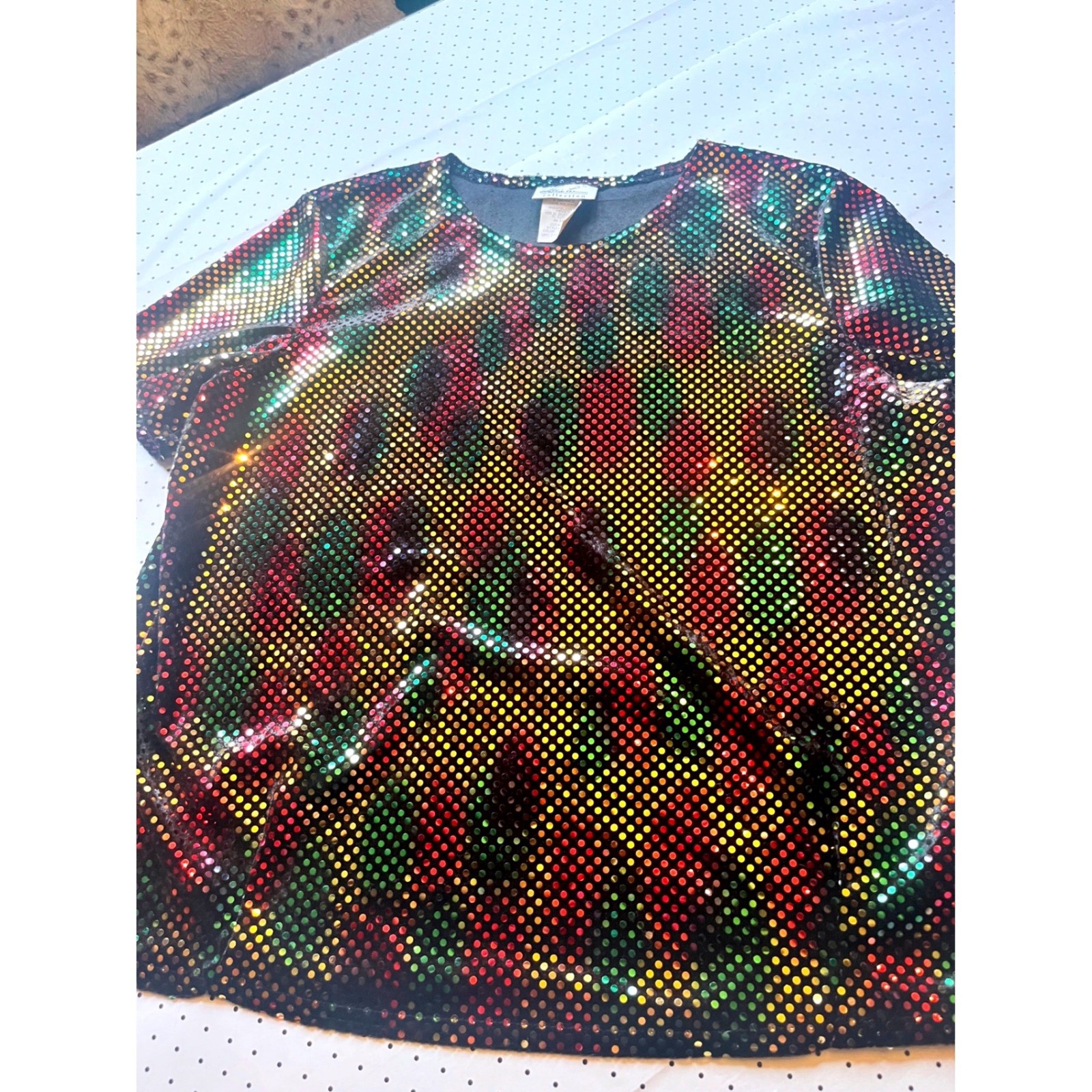 Kathie Lee Collection Vintage Y2K Metallic Disco Top Multicolor Foil Dot Blouse