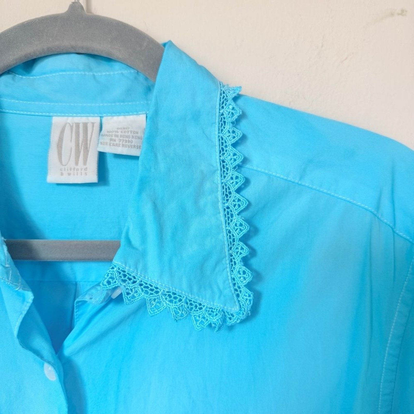 Vintage Hand-dyed Turqoise Aqua Blue Button Down Shirt Blouse Top Eyelet Trim 12