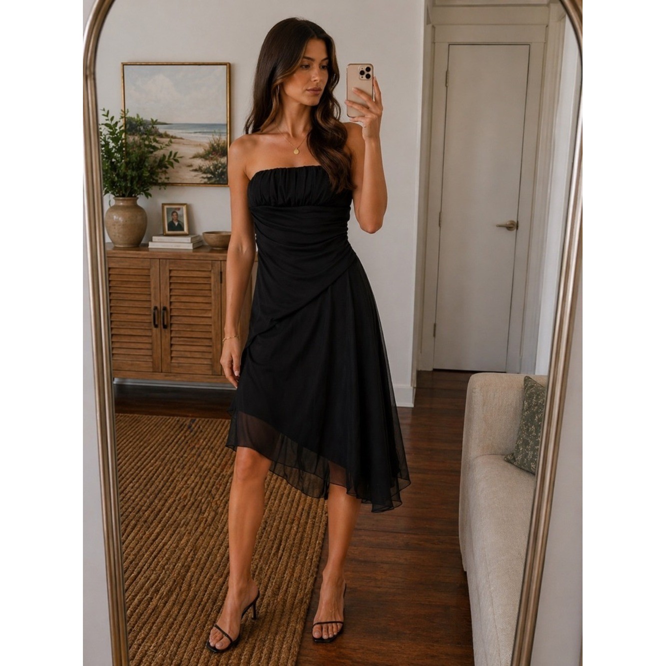 90s Vintage Hot Kiss Black Strapless Midi Dress | Asymmetrical Y2K Wedding Guest