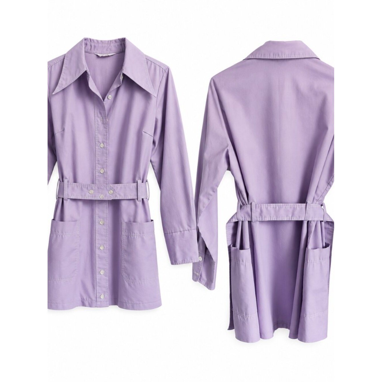 Vintage Lavender Shirt Dress with Belt | 70s Mod Button Front Mini Dress | Long