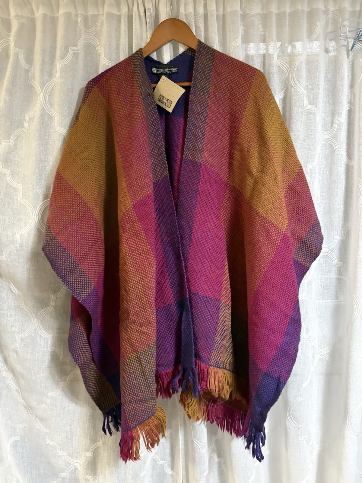 Manos Del Uruguay Handspun Artisan Fringe Poncho Shawl Sweater Knit Blanket Boho