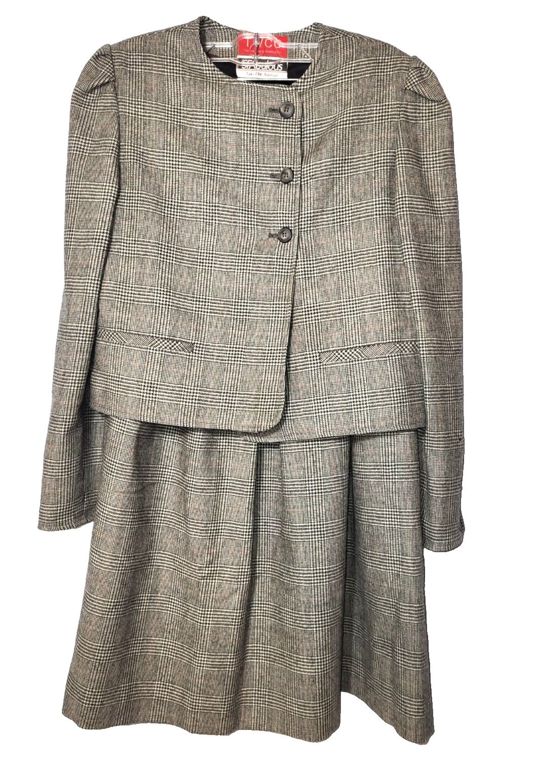 VTG SFAbulous Glen Plaid Cropped Offset Buttoned Blazer Pleated Skirt Set Sz 6/8