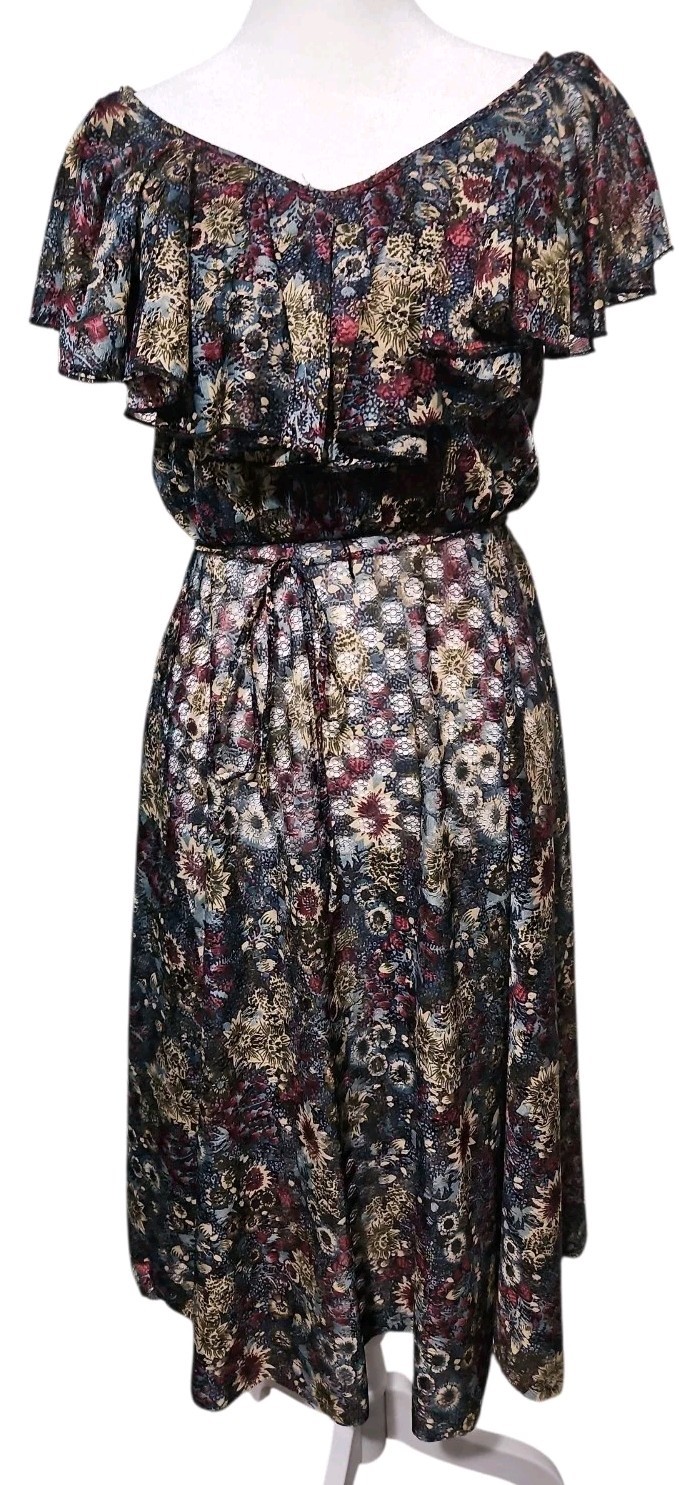 Vtg 70s Dark Romantic Floral Boho Peasant Lace Overlay Midi Dress XS