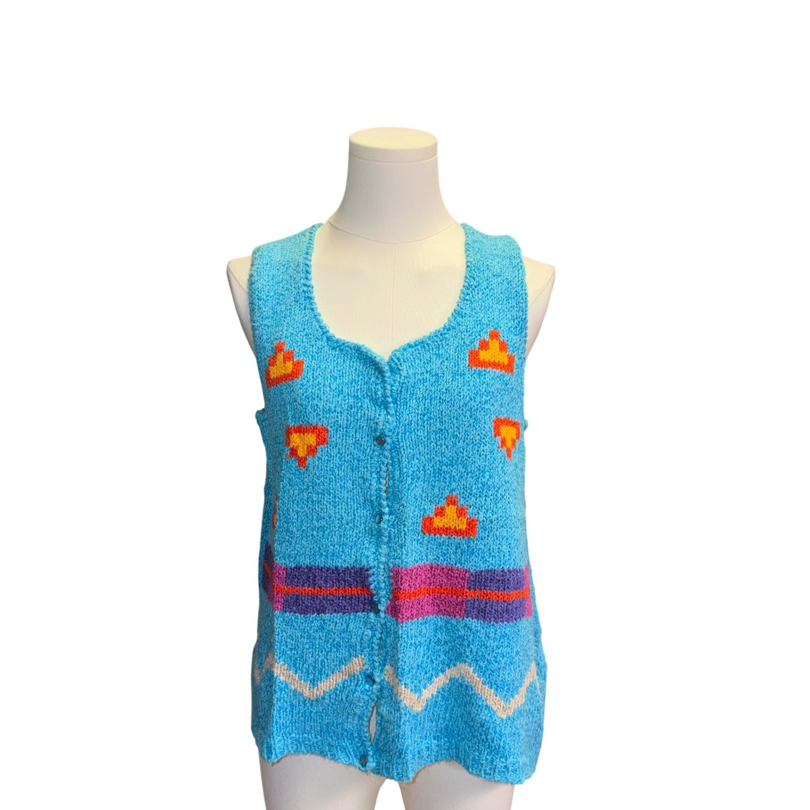 Chaus Vintage Turquoise Blue Knit Sweater Vest Womens Medium Linen Cotton Blend