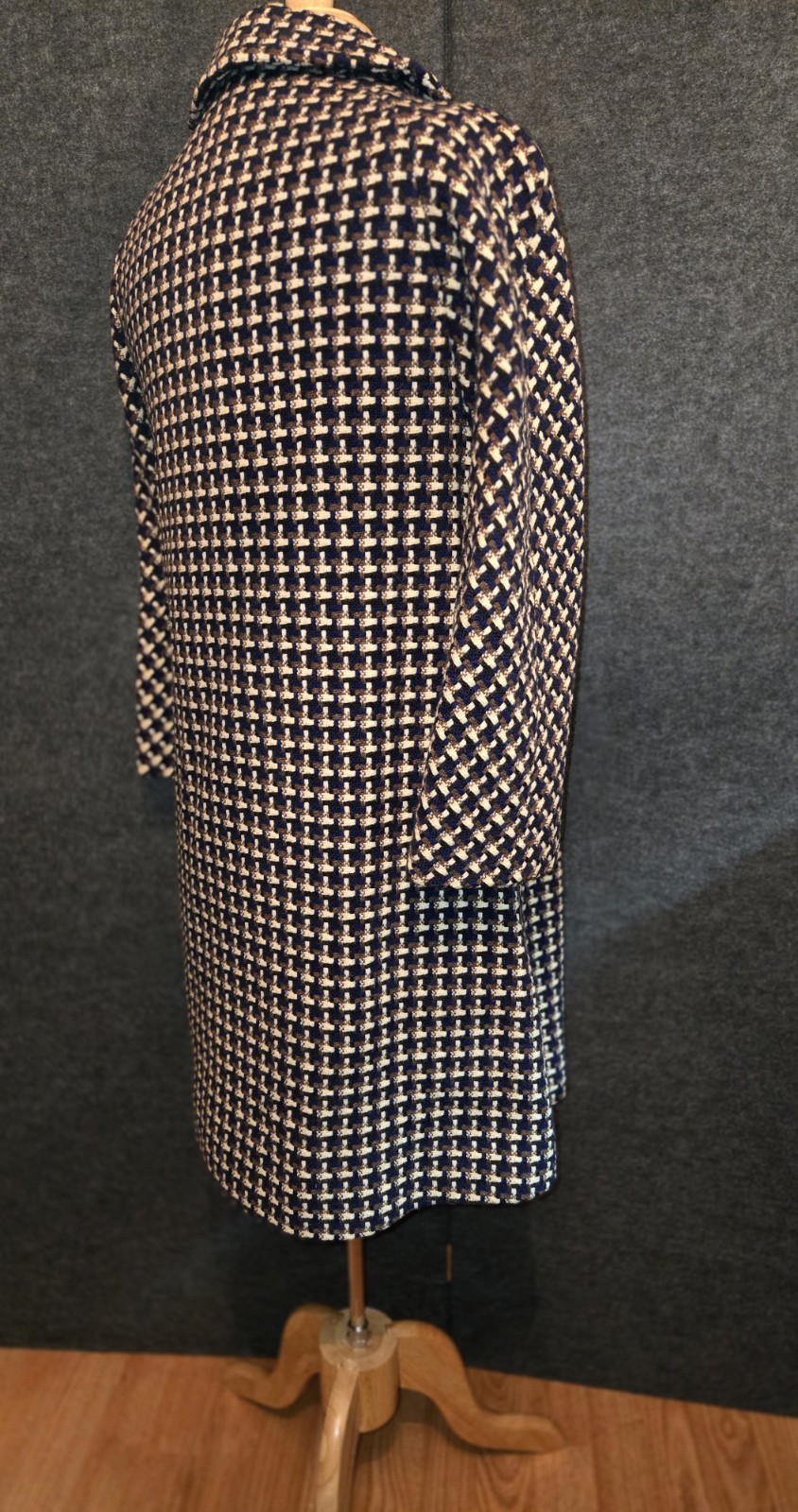 Vntg I. Magnin Coat 10 Womens USA 3/4 Sleeve Houndstooth Blue, Brown, Beige EUC