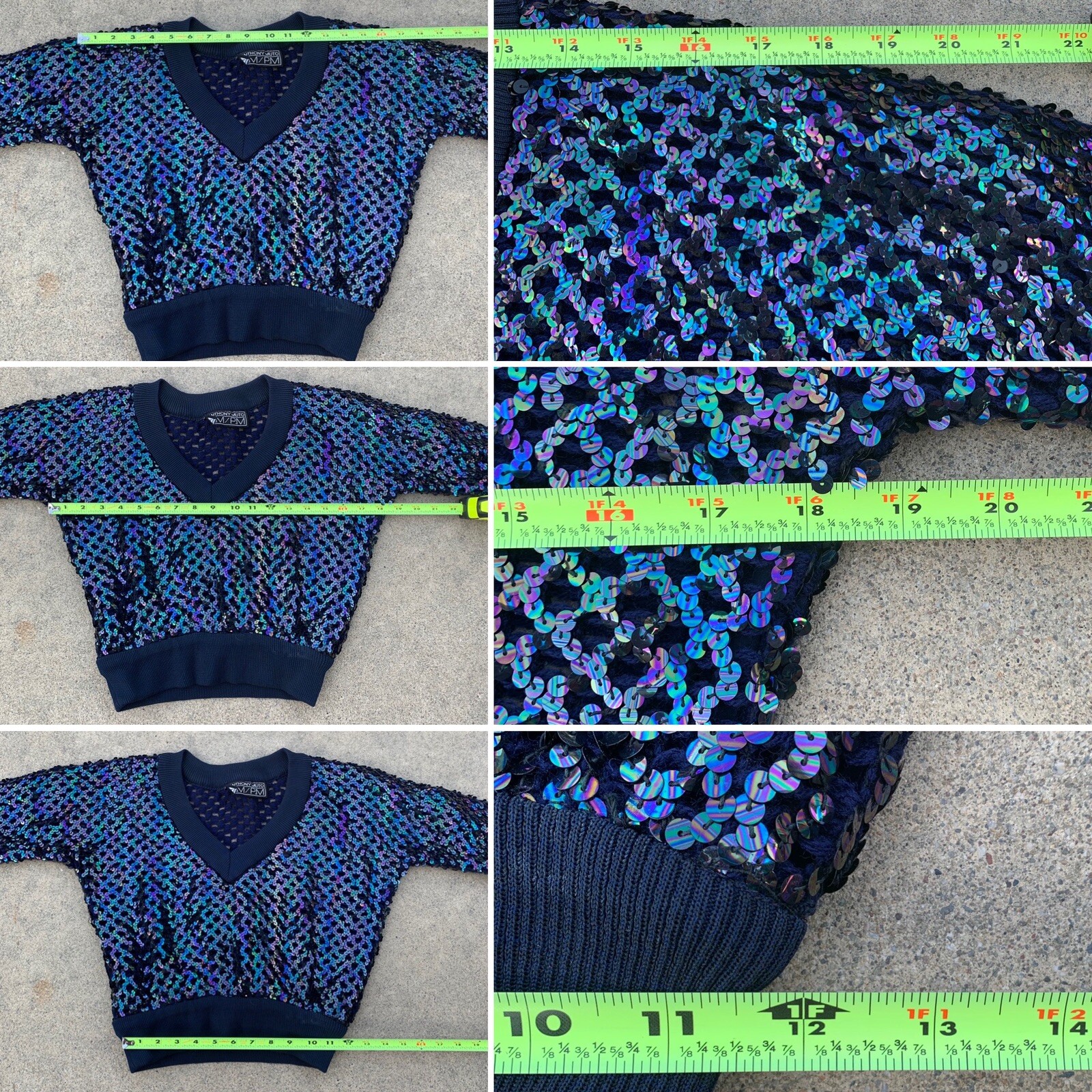 Vintage Anthony Muto AM PM Sequin Top Long Sleeve V Neck 70s 80s Size S M