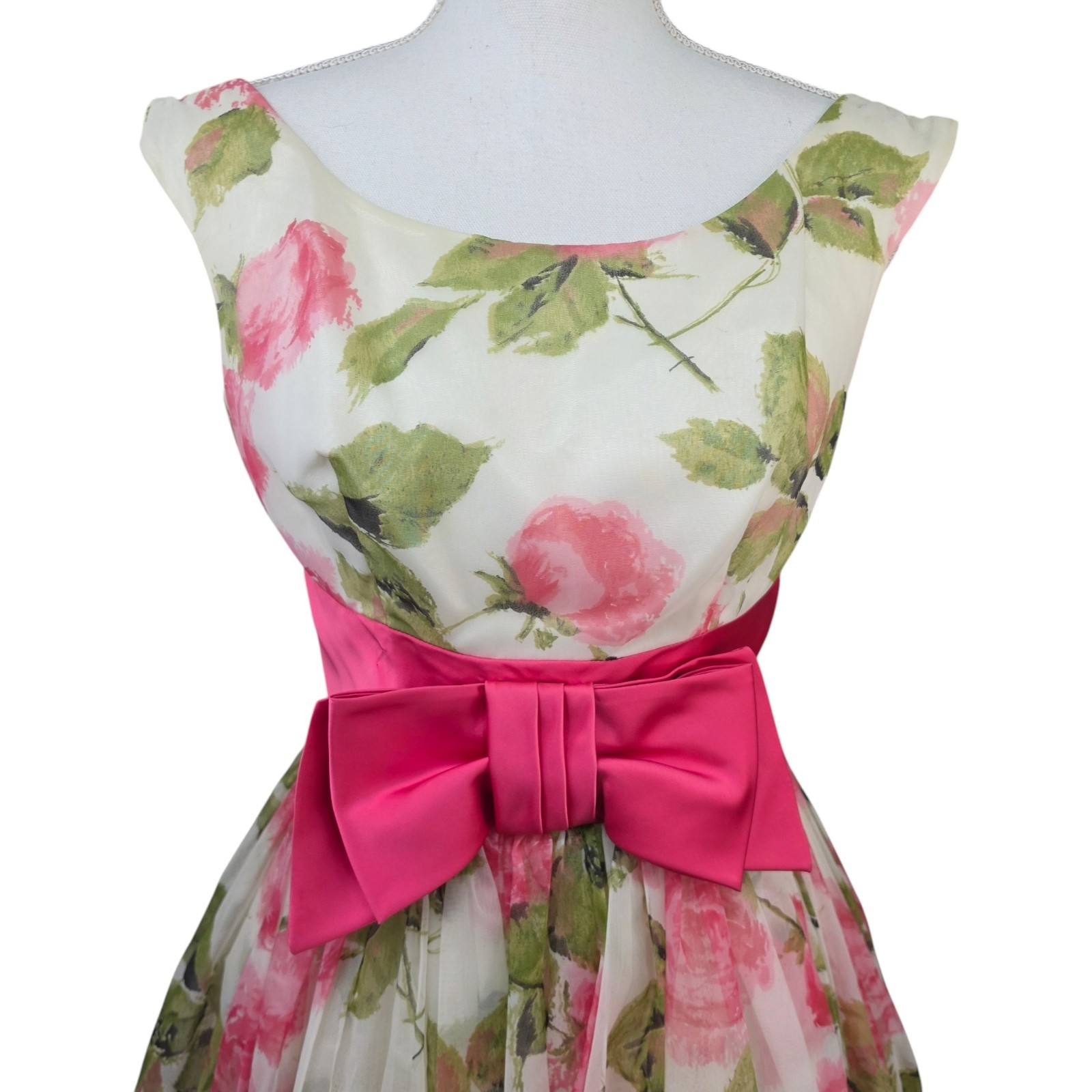 Vtg 1950-60s Floral Cocktail Party Dress Pink Bow Fit Flare Womens Small Costume