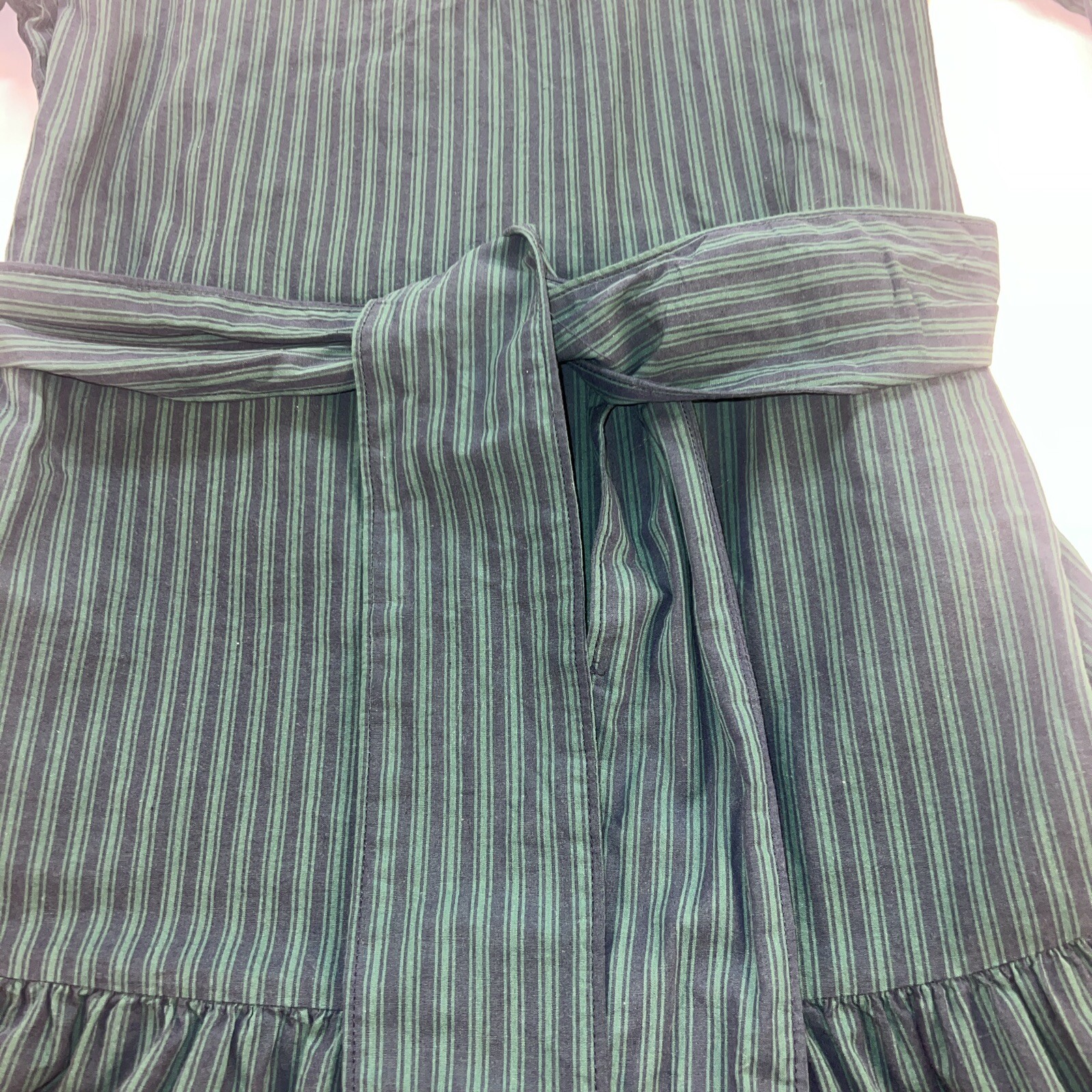 Vintage Free Assembly Blue Green Stripes Shirt Dress Long Sleeve Size Medium Tie