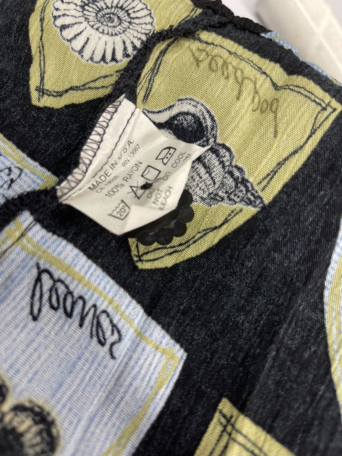 Rococo Vintage Size 8 Dress Button Front Novelty Print Black Blue Plant Seashell