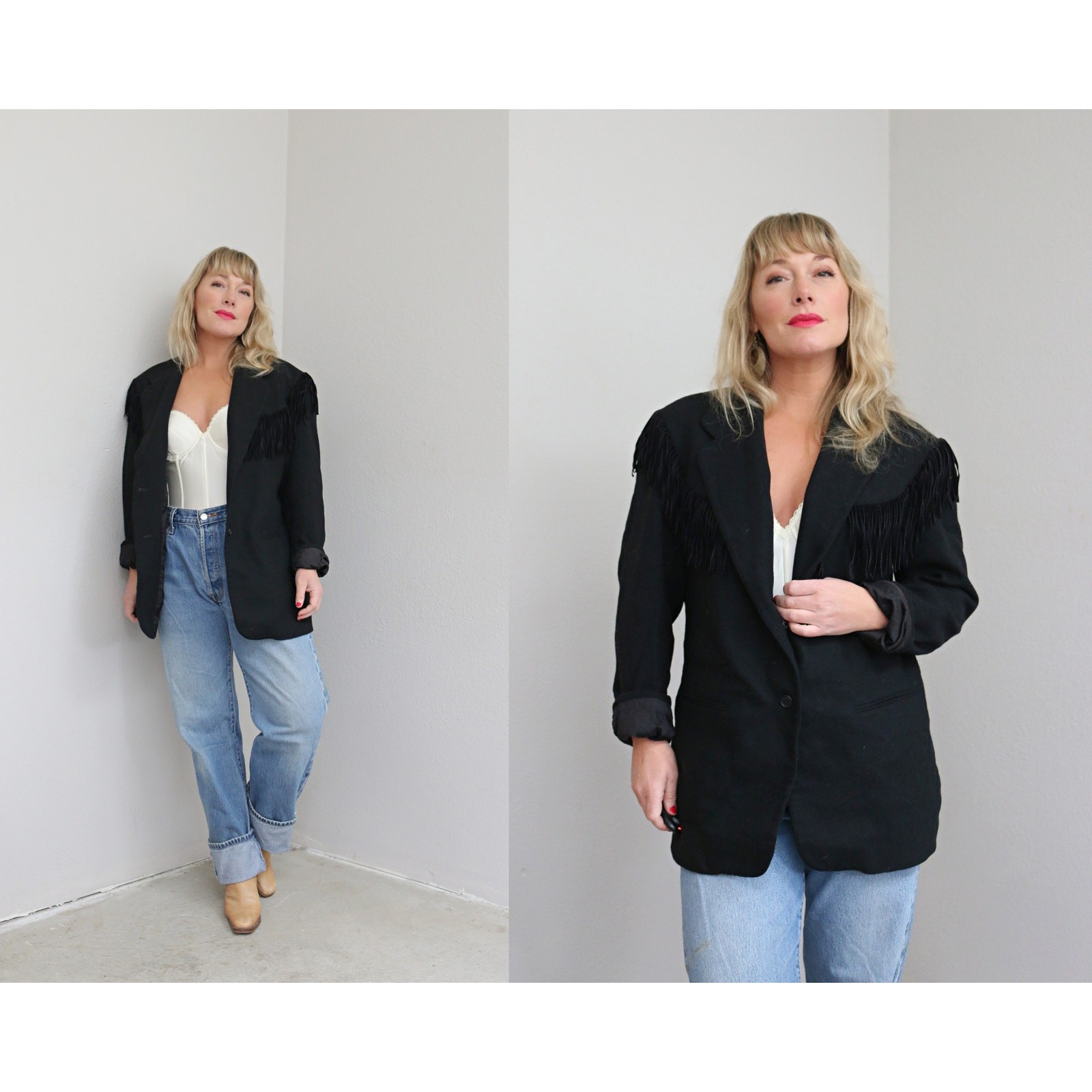 1990’s Vintage Adolfo Black Wool Fringe Blazer ~ Women’s MD LG ~ Western Jacket